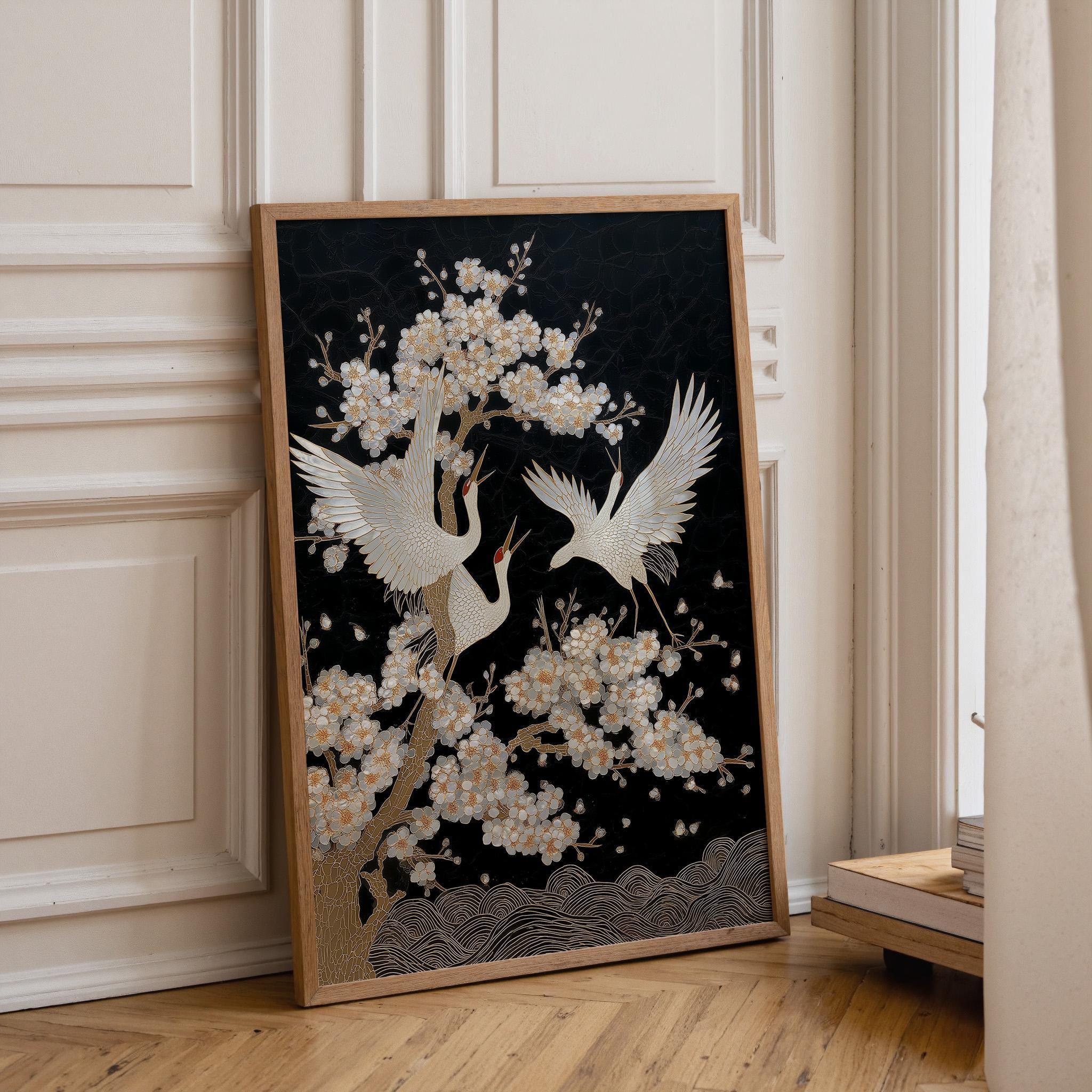Japanese Crane Cherry Blossom Bird Elegant Oriental Mother of Pearl Style Wall Art