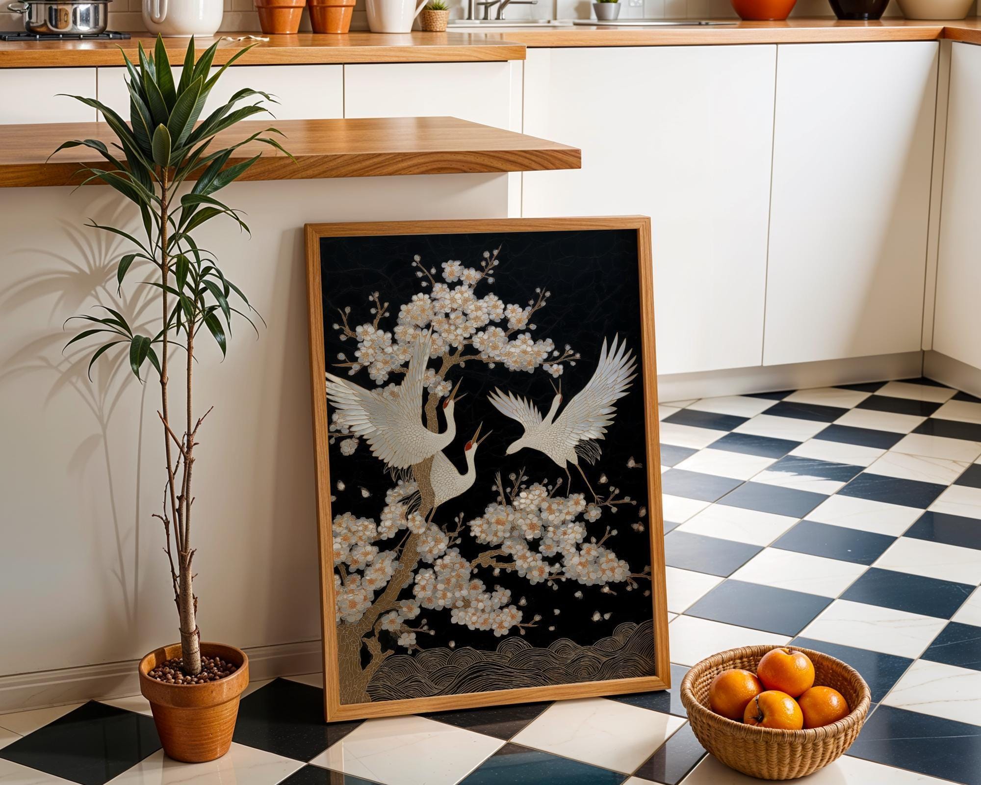 Japanese Crane Cherry Blossom Bird Elegant Oriental Mother of Pearl Style Wall Art