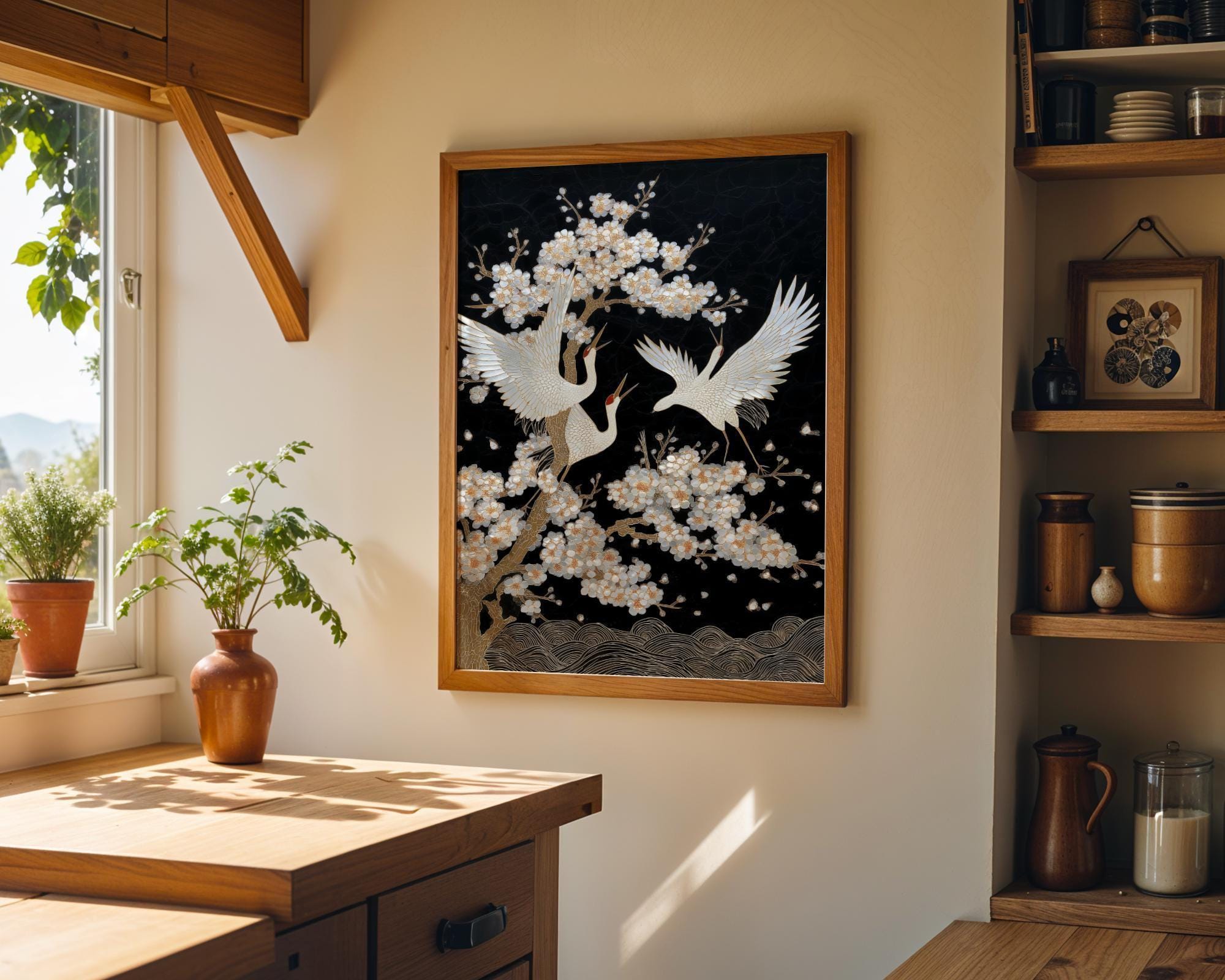 Japanese Crane Cherry Blossom Bird Elegant Oriental Mother of Pearl Style Wall Art