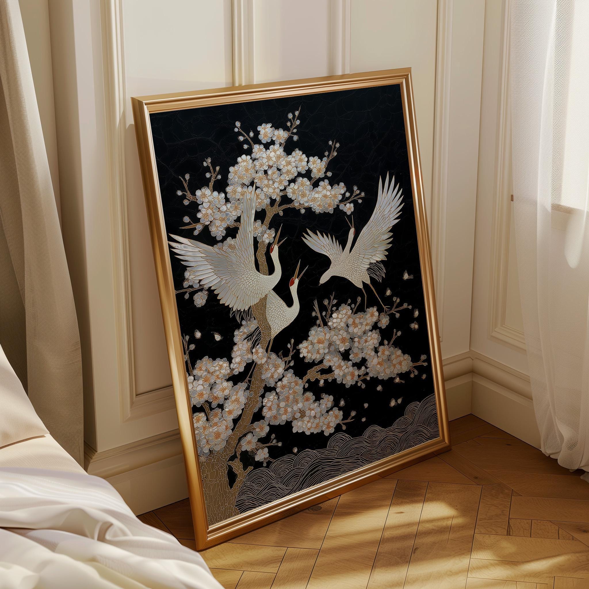 Japanese Crane Cherry Blossom Bird Elegant Oriental Mother of Pearl Style Wall Art