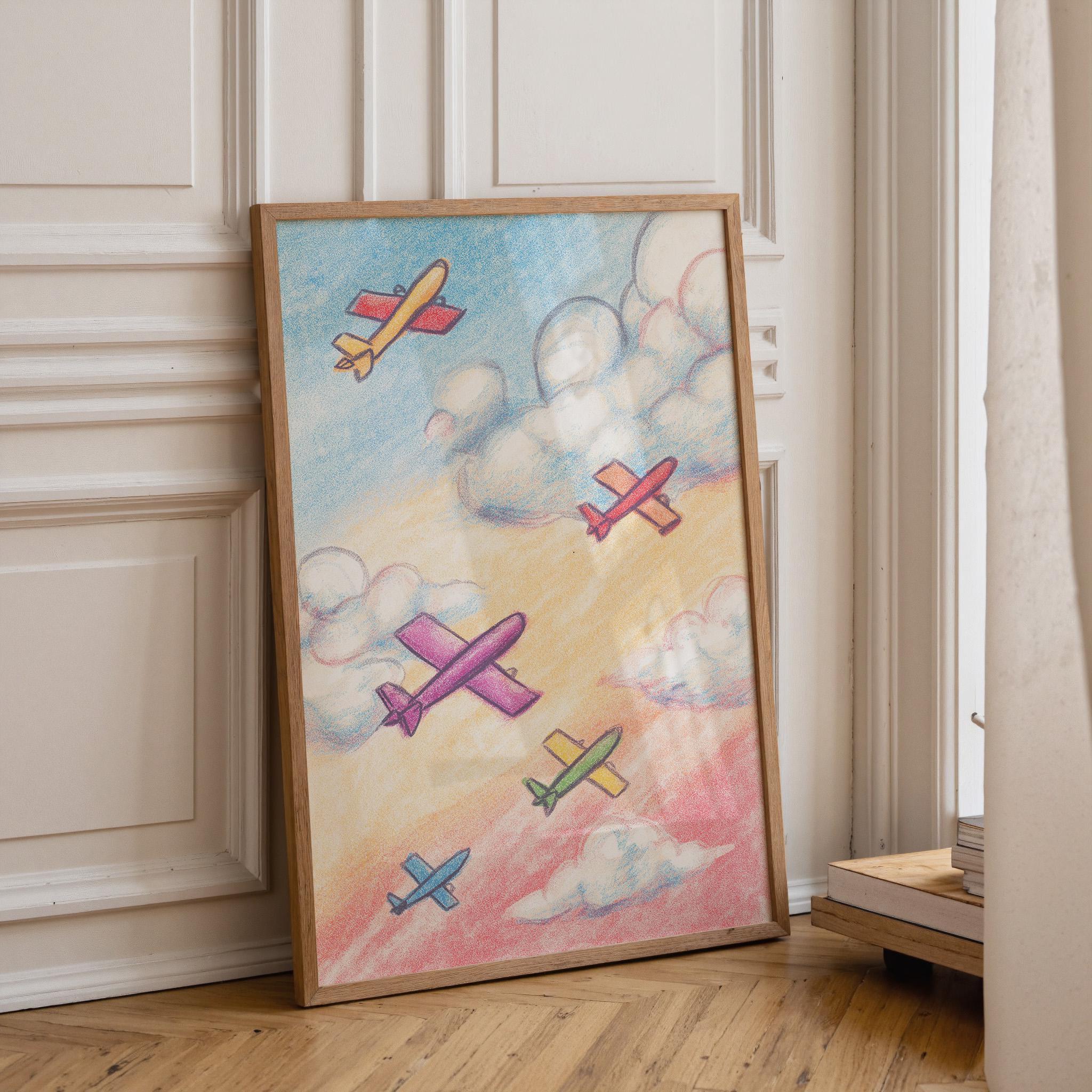 Kids Airplane Crayon Colorful Nursery Playroom Wall Art by The Wall Art Studio