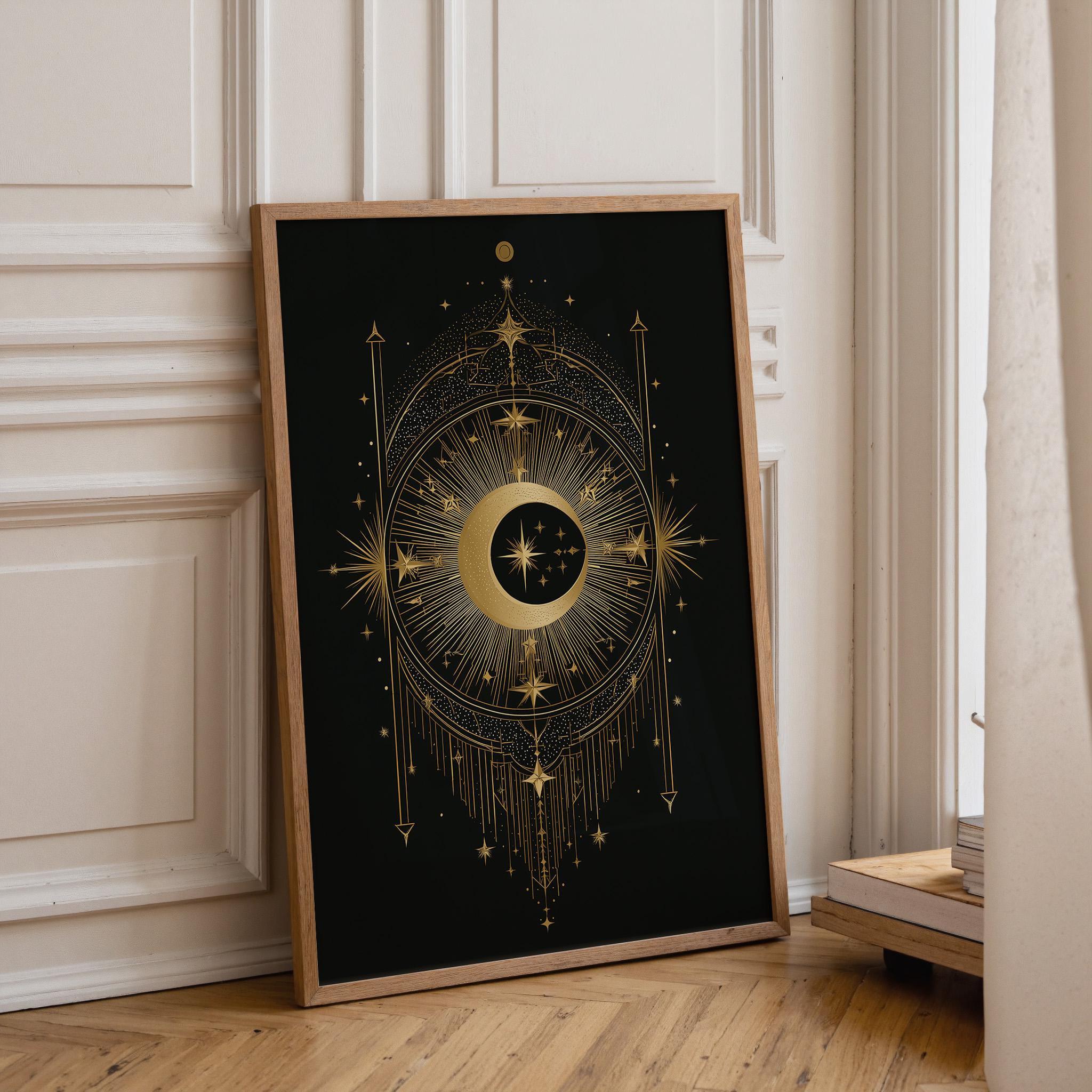 Black & Gold Moon Celestial Astrology Boho Wall Art by The Wall Art Studio
