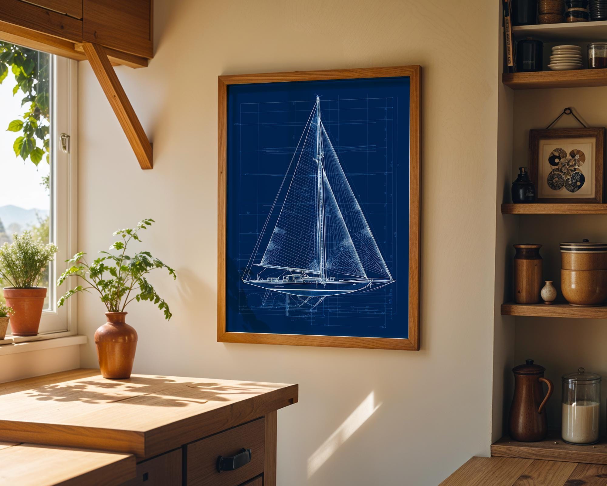 Nautical Blueprint Sailboat Technical Drawing Ship Plan Maritime Wall Art by The Wall Art Studio