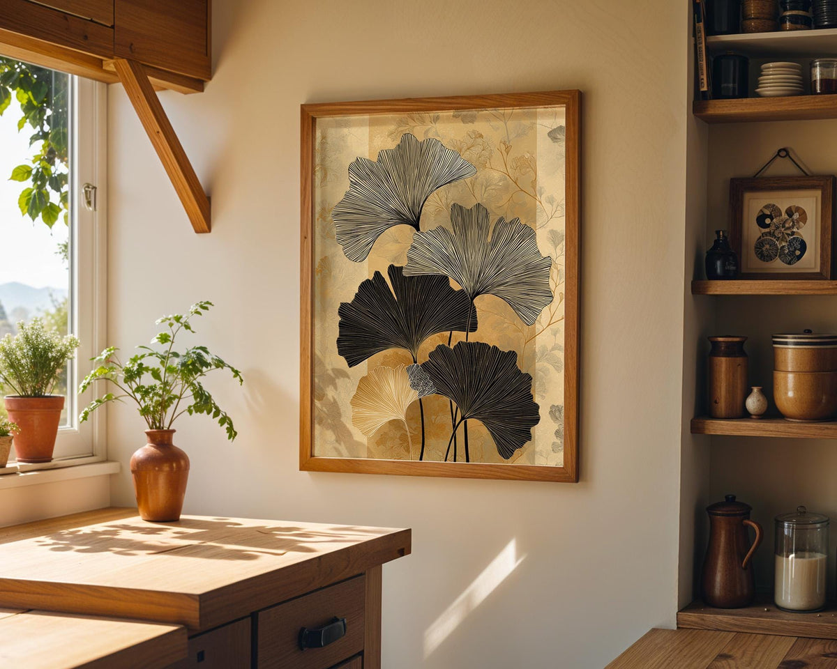 Black Gold Ginkgo Minimalist Botanical Art Deco Luxury Neutral Wall Art