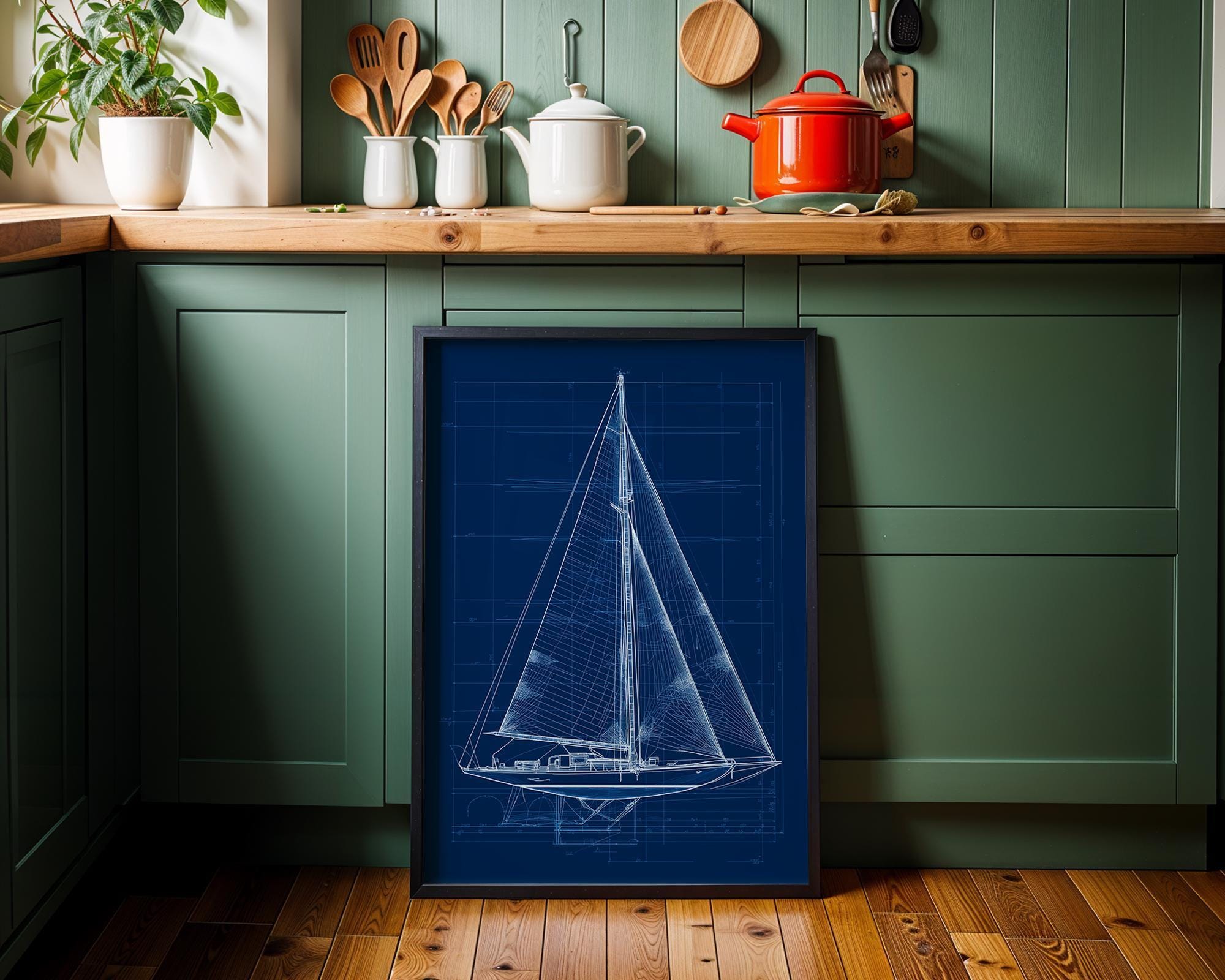 Nautical Blueprint Sailboat Technical Drawing Ship Plan Maritime Wall Art by The Wall Art Studio
