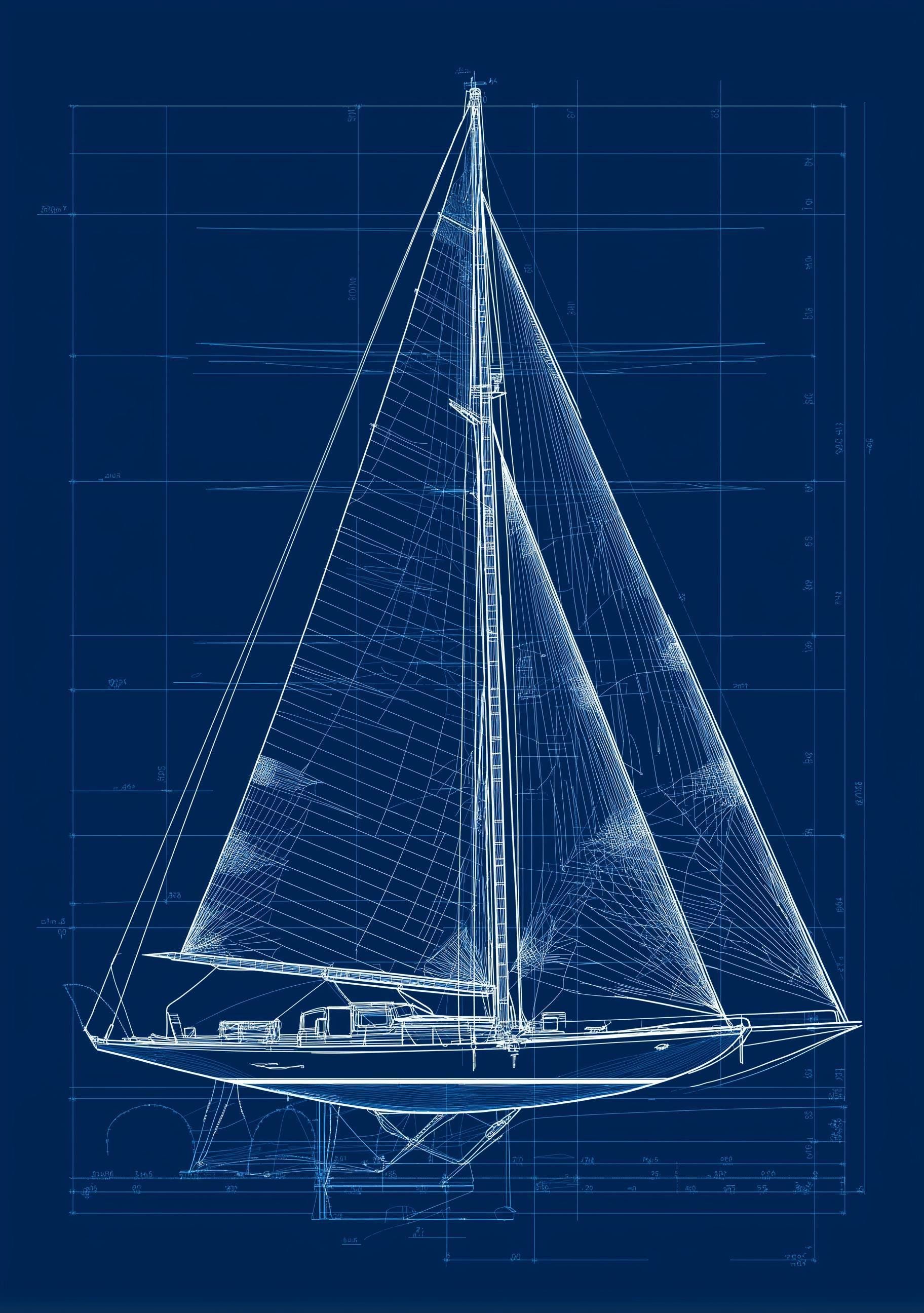 Nautical Blueprint Sailboat Technical Drawing Ship Plan Maritime Wall Art by The Wall Art Studio
