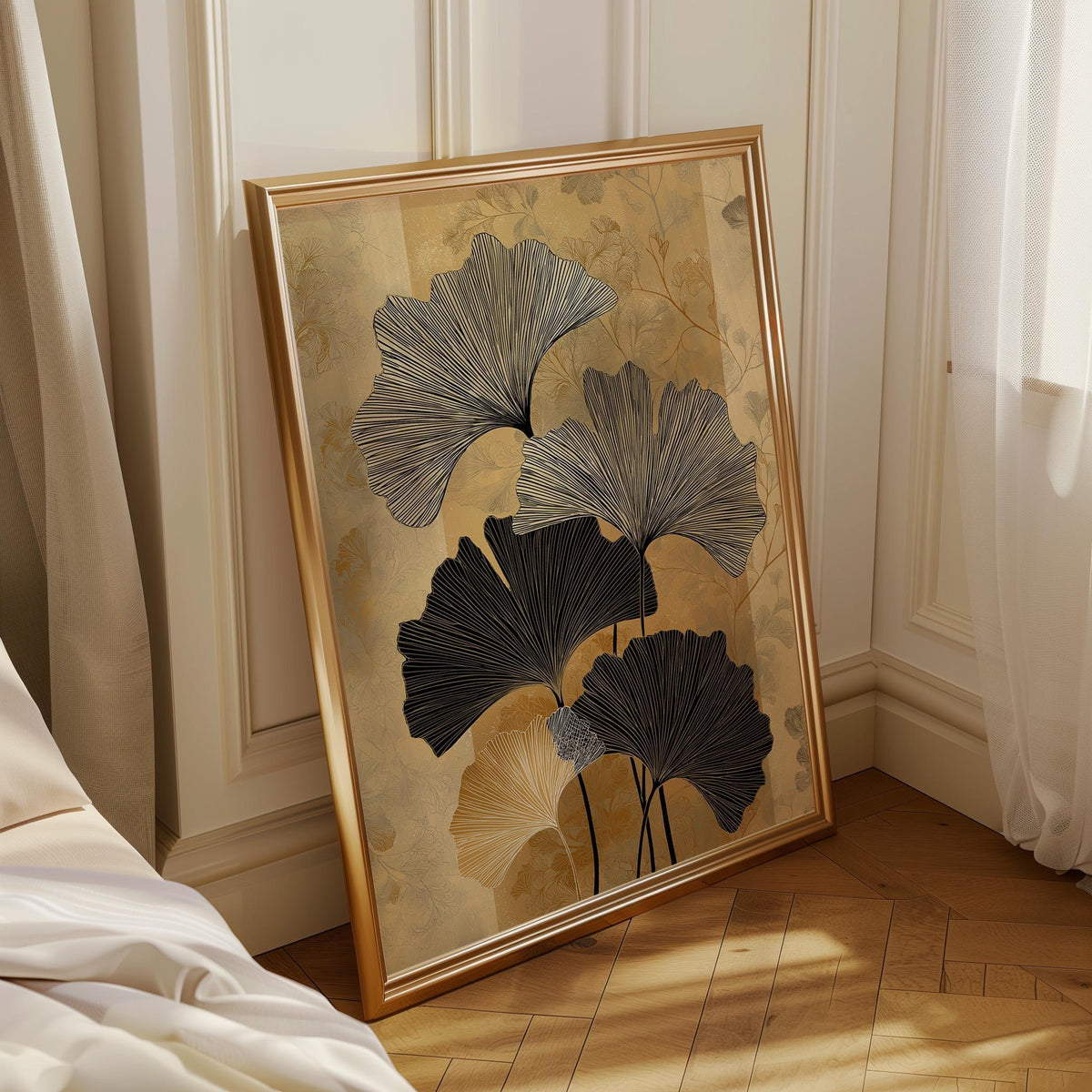 Black Gold Ginkgo Minimalist Botanical Art Deco Luxury Neutral Wall Art