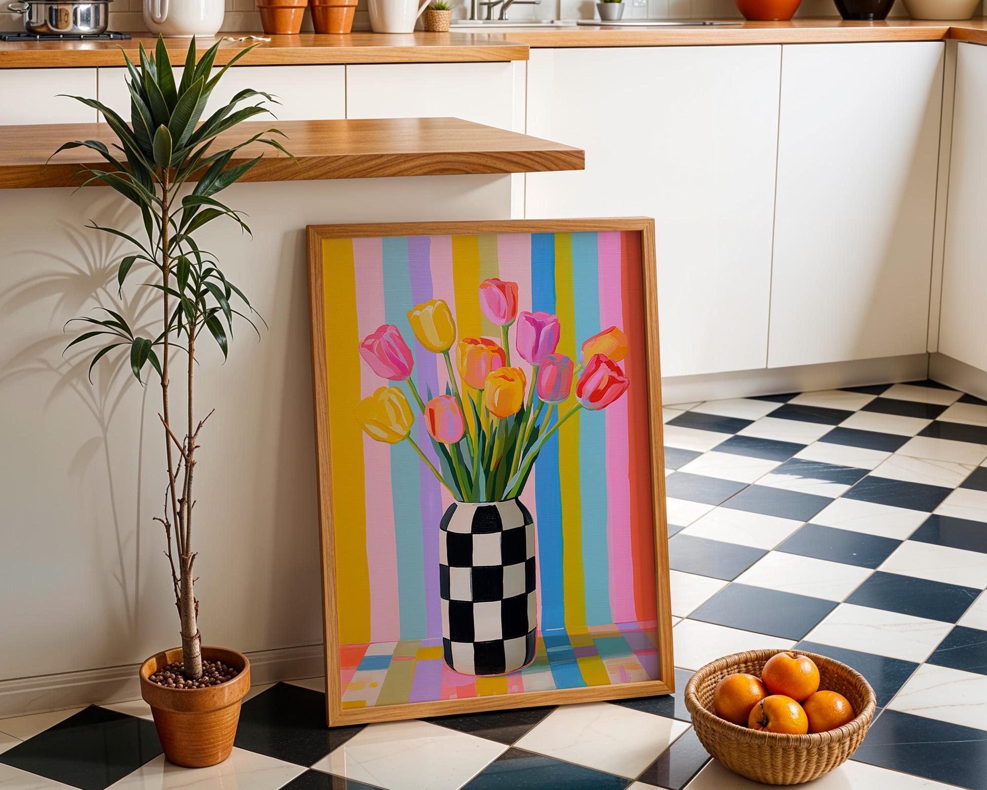 Pastel Tulip Vase Checkered Modern Floral Wall Art