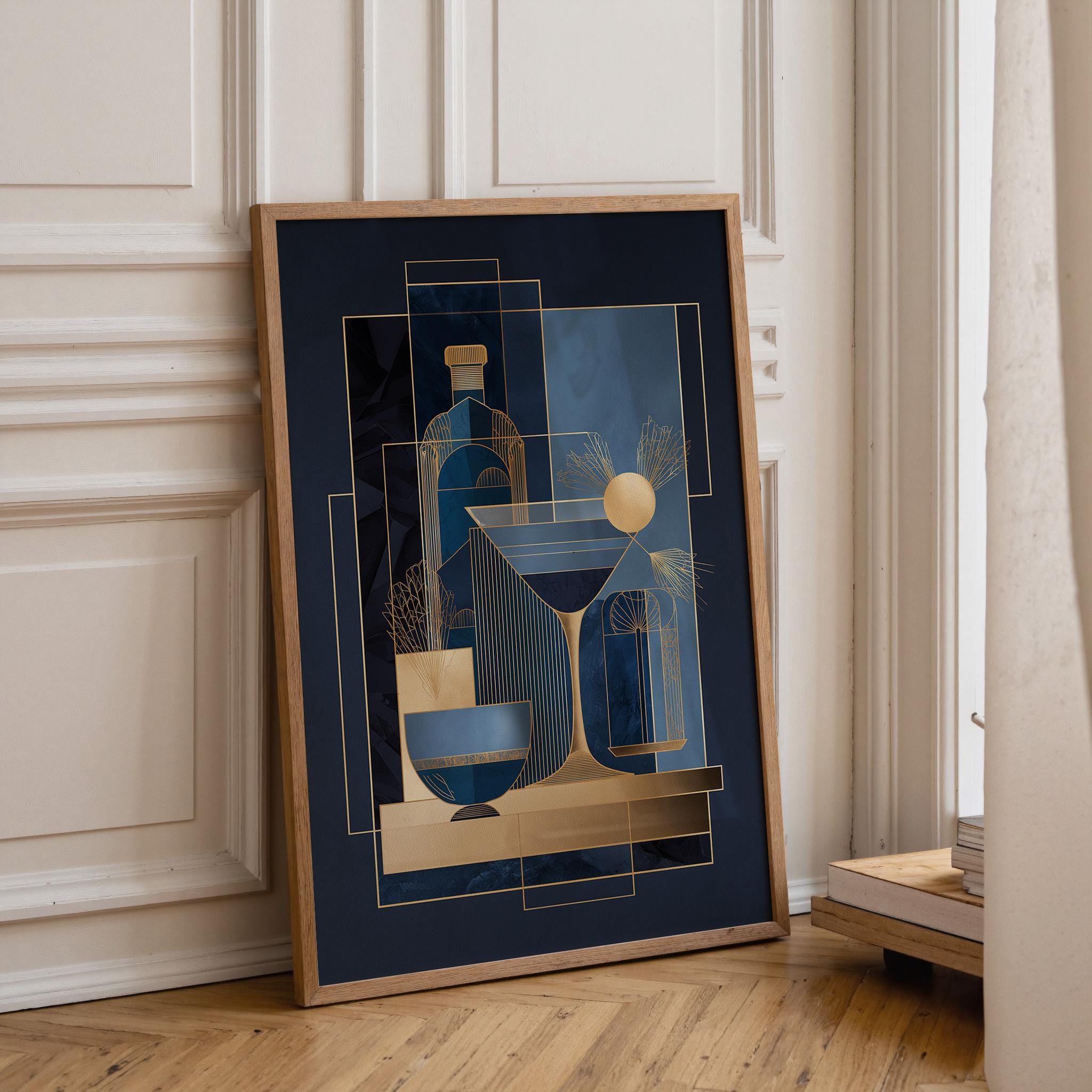Minimalist Martini Blue & Gold Art Deco Cocktail Wall Art by The Wall Art Studio