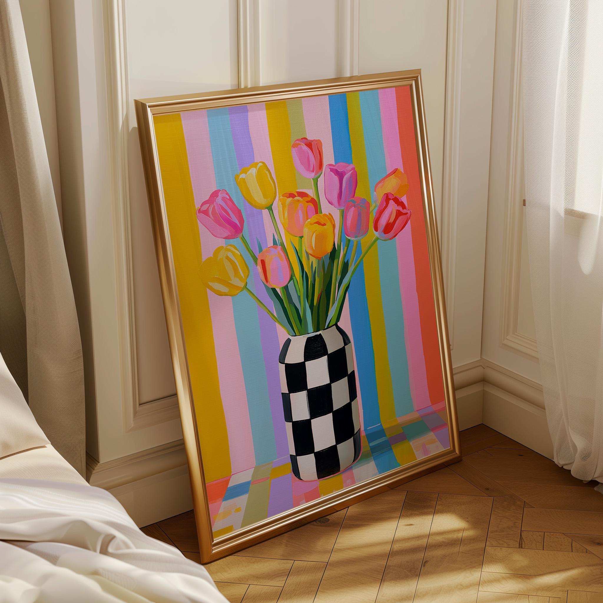 Pastel Tulip Vase Checkered Modern Floral Wall Art