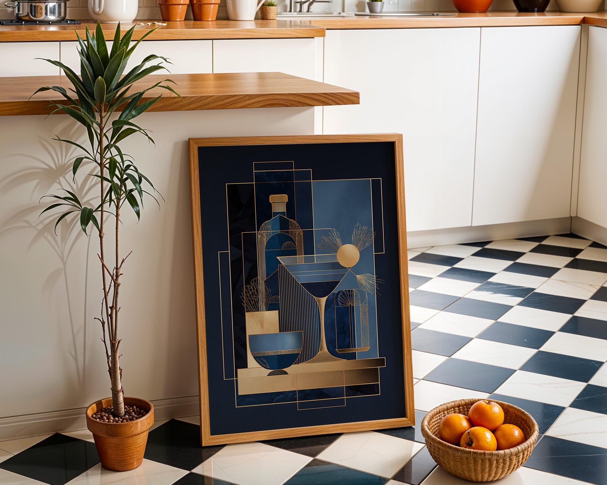 Minimalist Martini Blue & Gold Art Deco Cocktail Wall Art by The Wall Art Studio