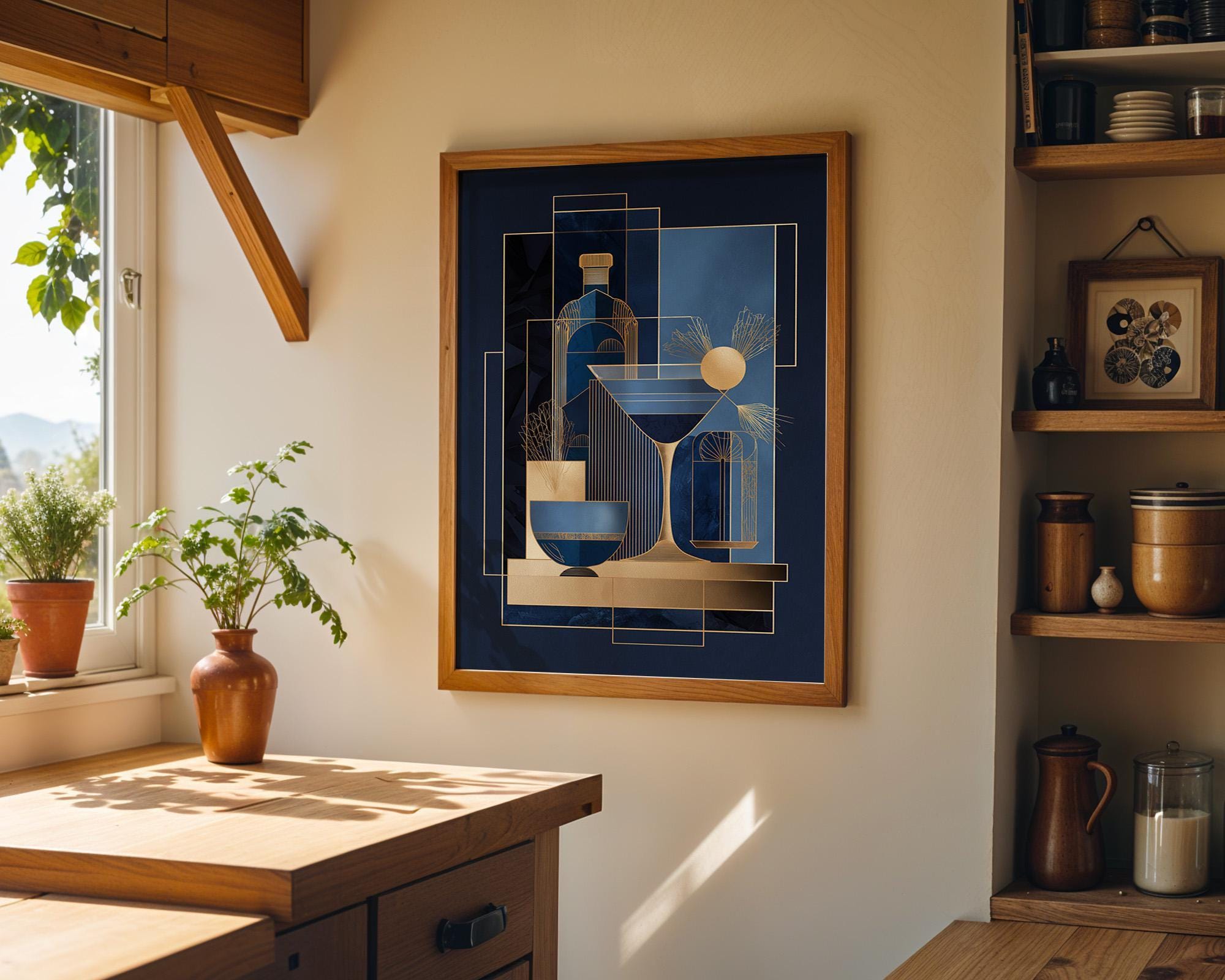 Minimalist Martini Blue & Gold Art Deco Cocktail Wall Art by The Wall Art Studio