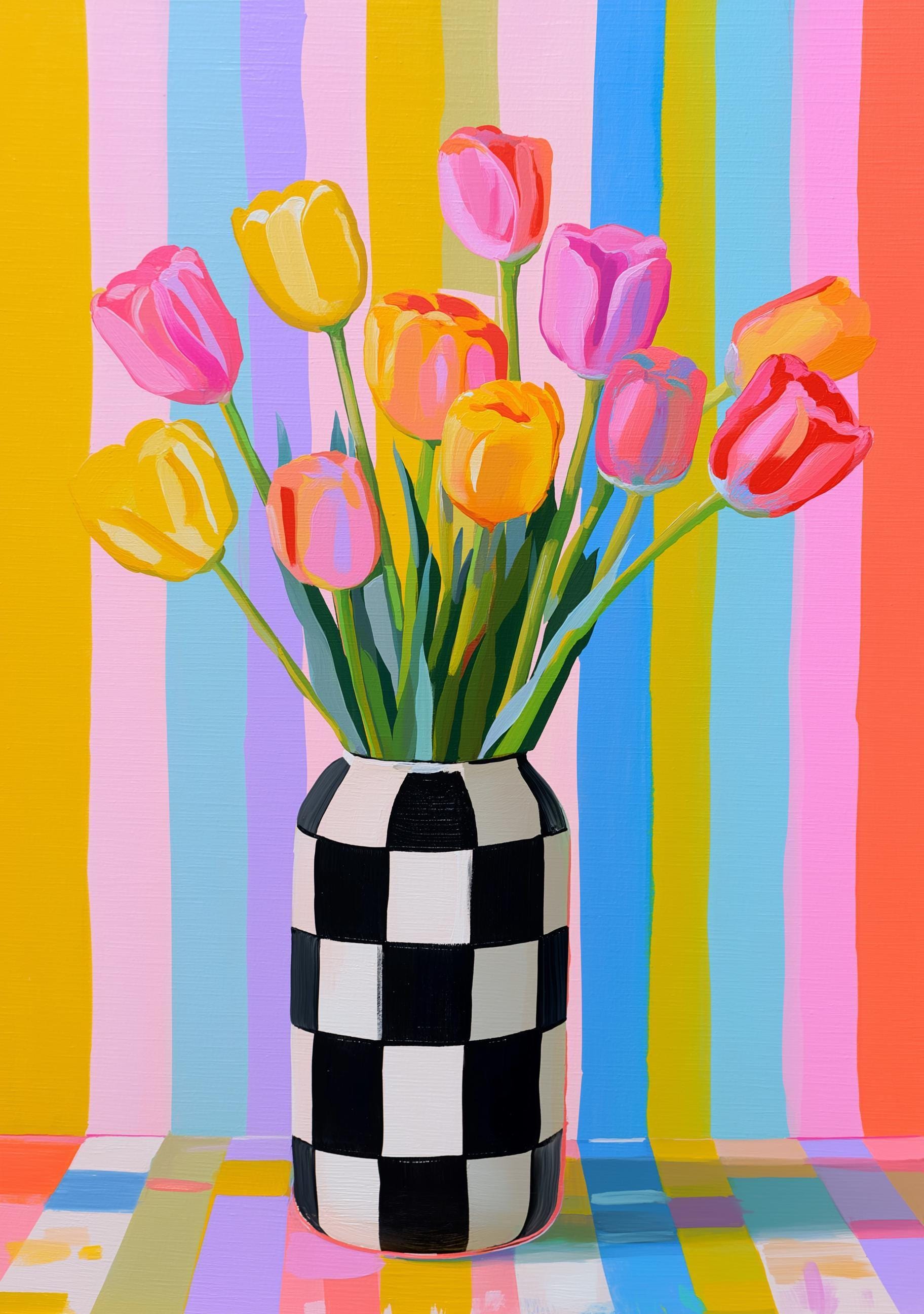 Pastel Tulip Vase Checkered Modern Floral Wall Art