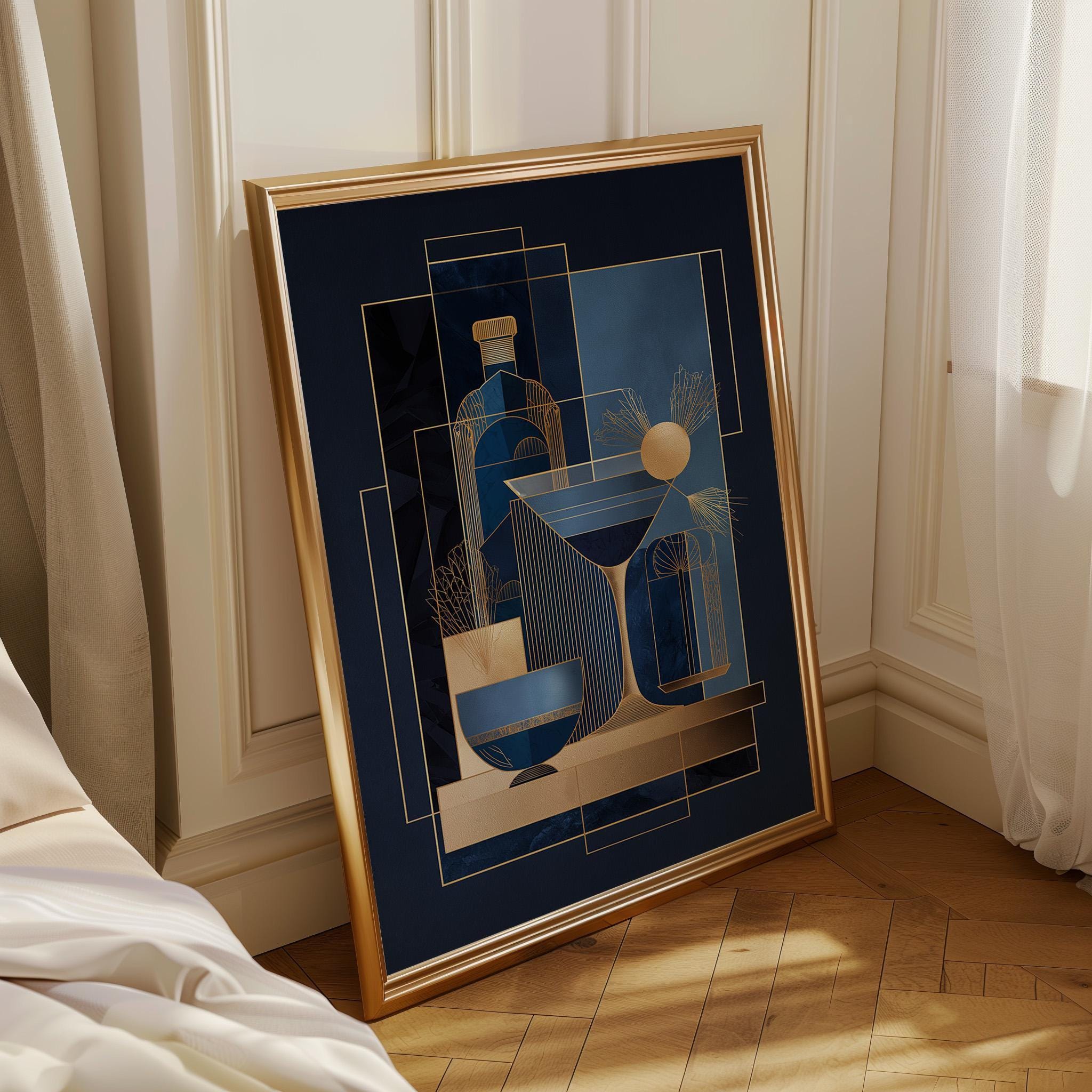 Minimalist Martini Blue & Gold Art Deco Cocktail Wall Art by The Wall Art Studio