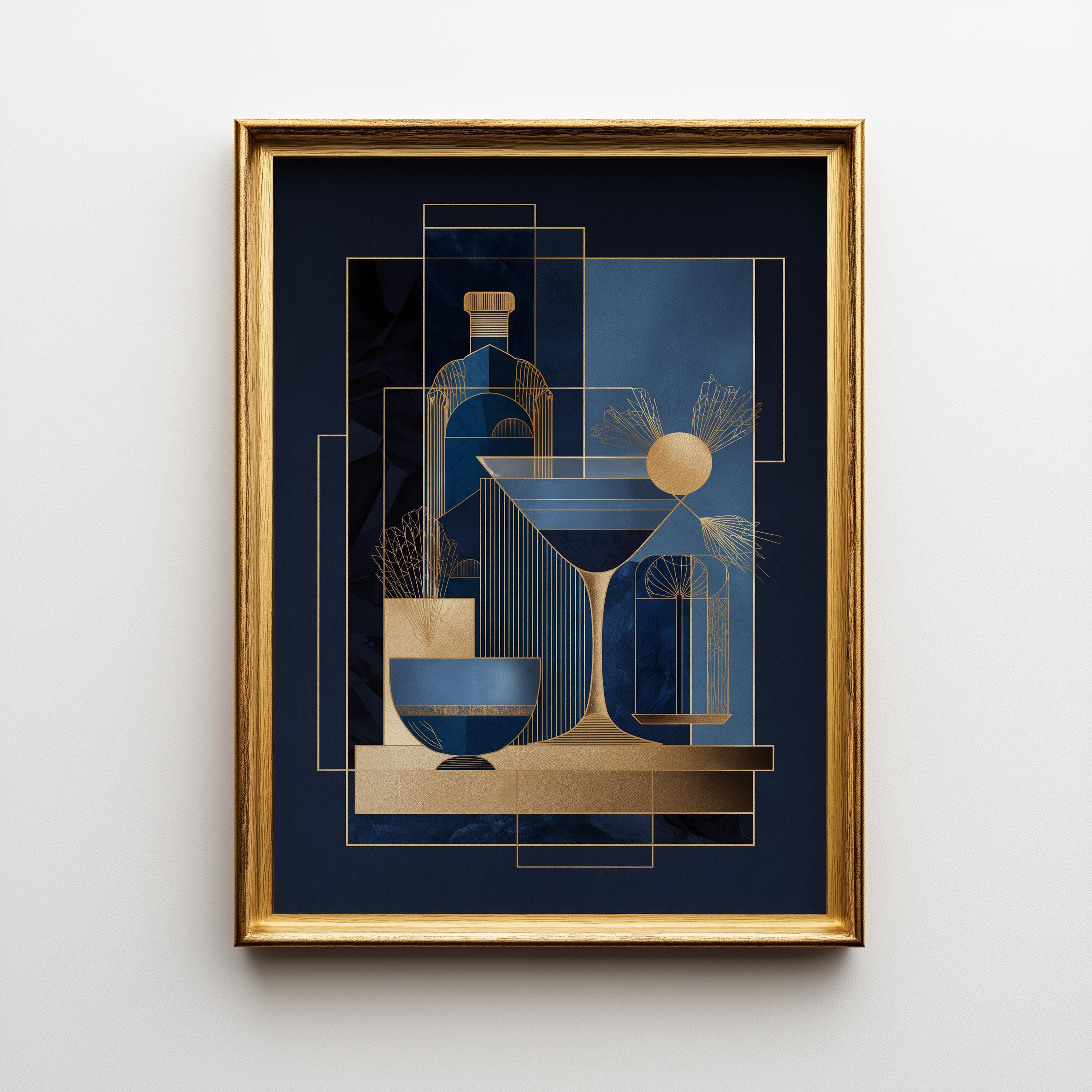 Minimalist Martini Blue & Gold Art Deco Cocktail Wall Art by The Wall Art Studio