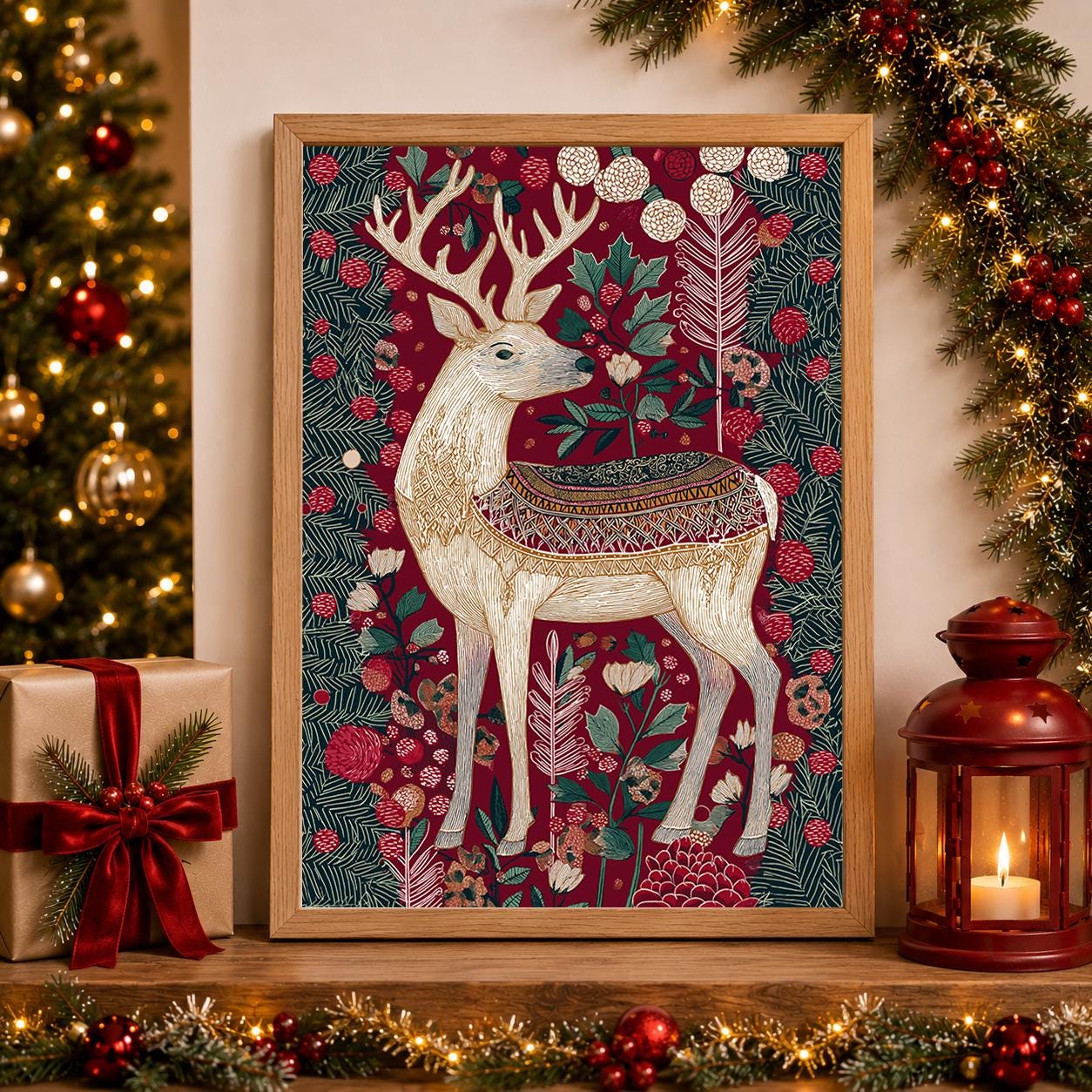Scandinavian Reindeer Christmas Nordic Folk Botanical Holiday Wall Art by The Wall Art Studio