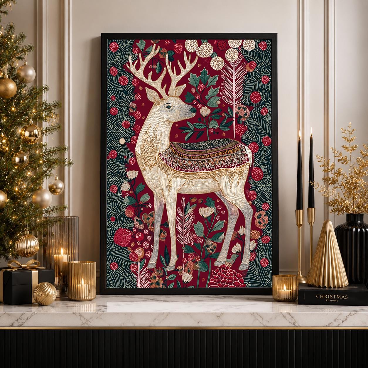 Scandinavian Reindeer Christmas Nordic Folk Botanical Holiday Wall Art by The Wall Art Studio