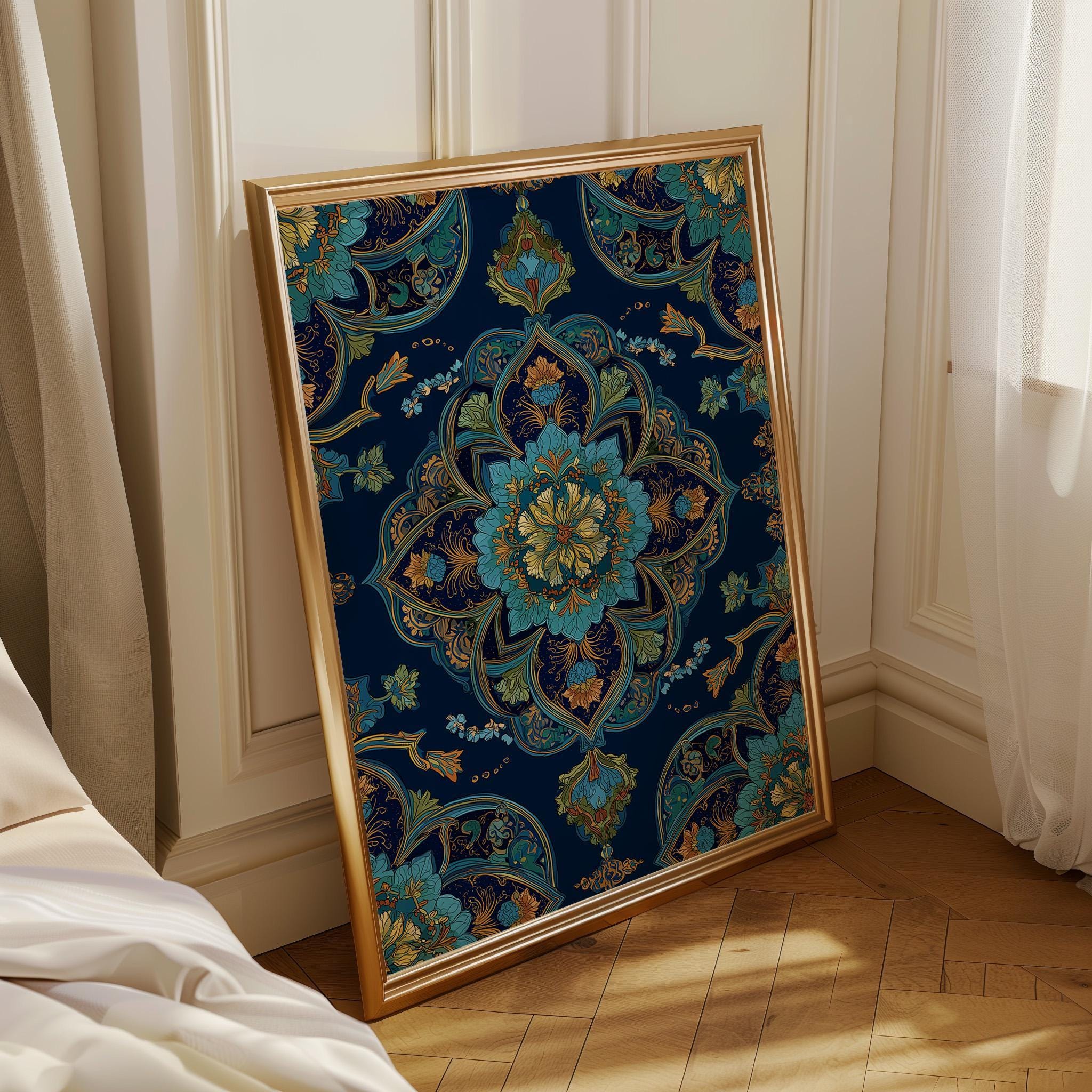 Islamic Floral Blue & Gold Moroccan Arabic Pattern Wall Art by The Wall Art Studio