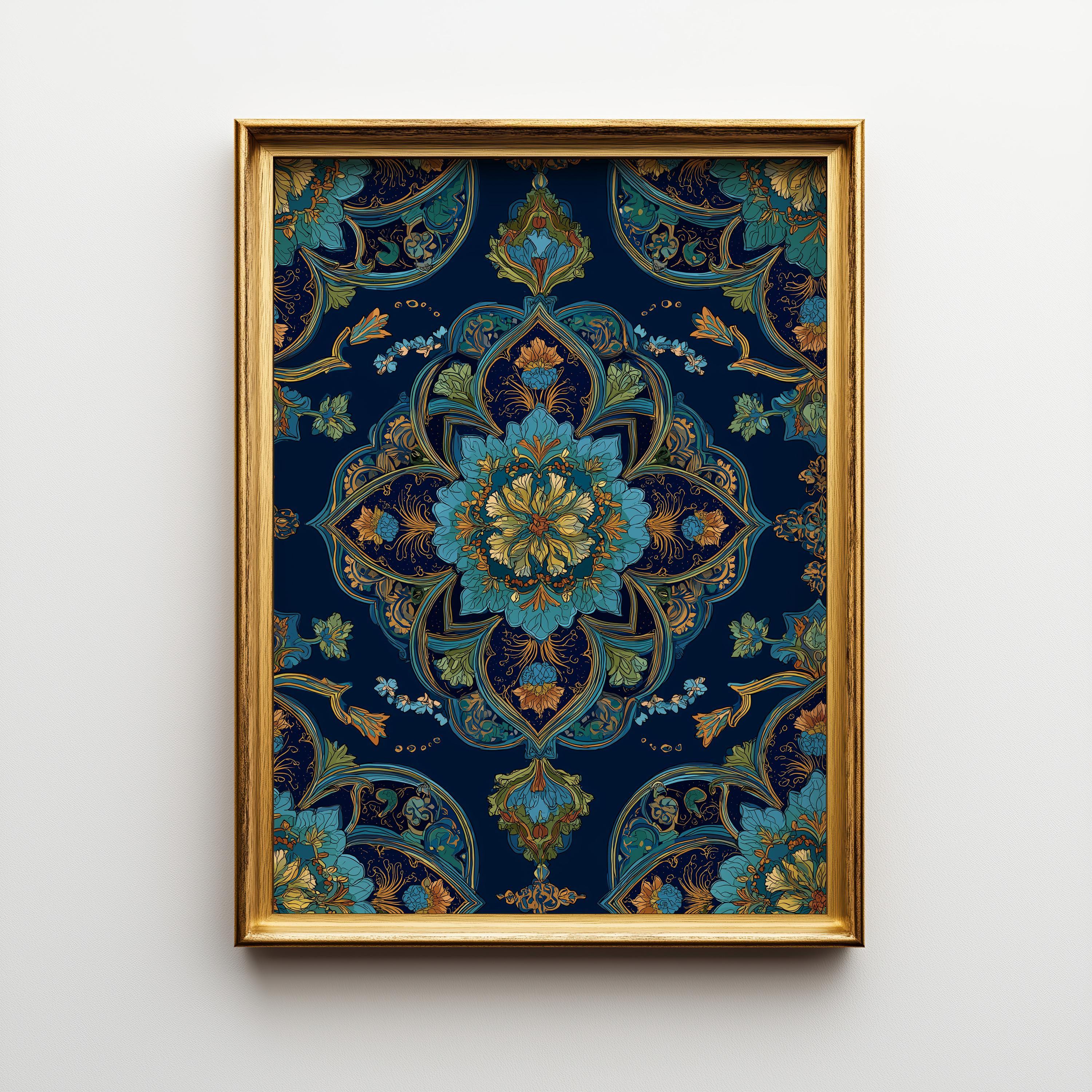 Islamic Floral Blue & Gold Moroccan Arabic Pattern Wall Art by The Wall Art Studio
