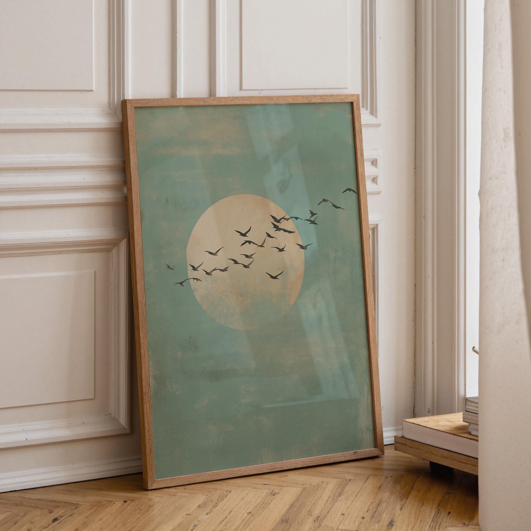 Minimalist Moon & Birds Soft Blue Sky Japandi Wall Art by The Wall Art Studio - physical
