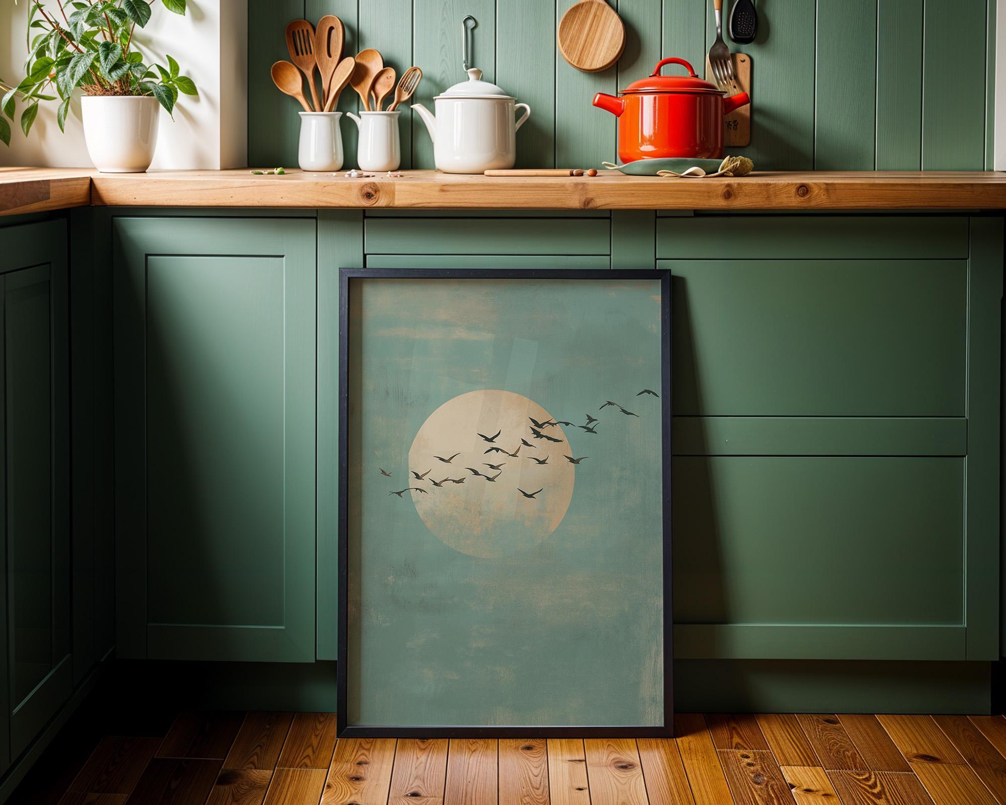 Minimalist Moon & Birds Soft Blue Sky Japandi Wall Art by The Wall Art Studio - physical