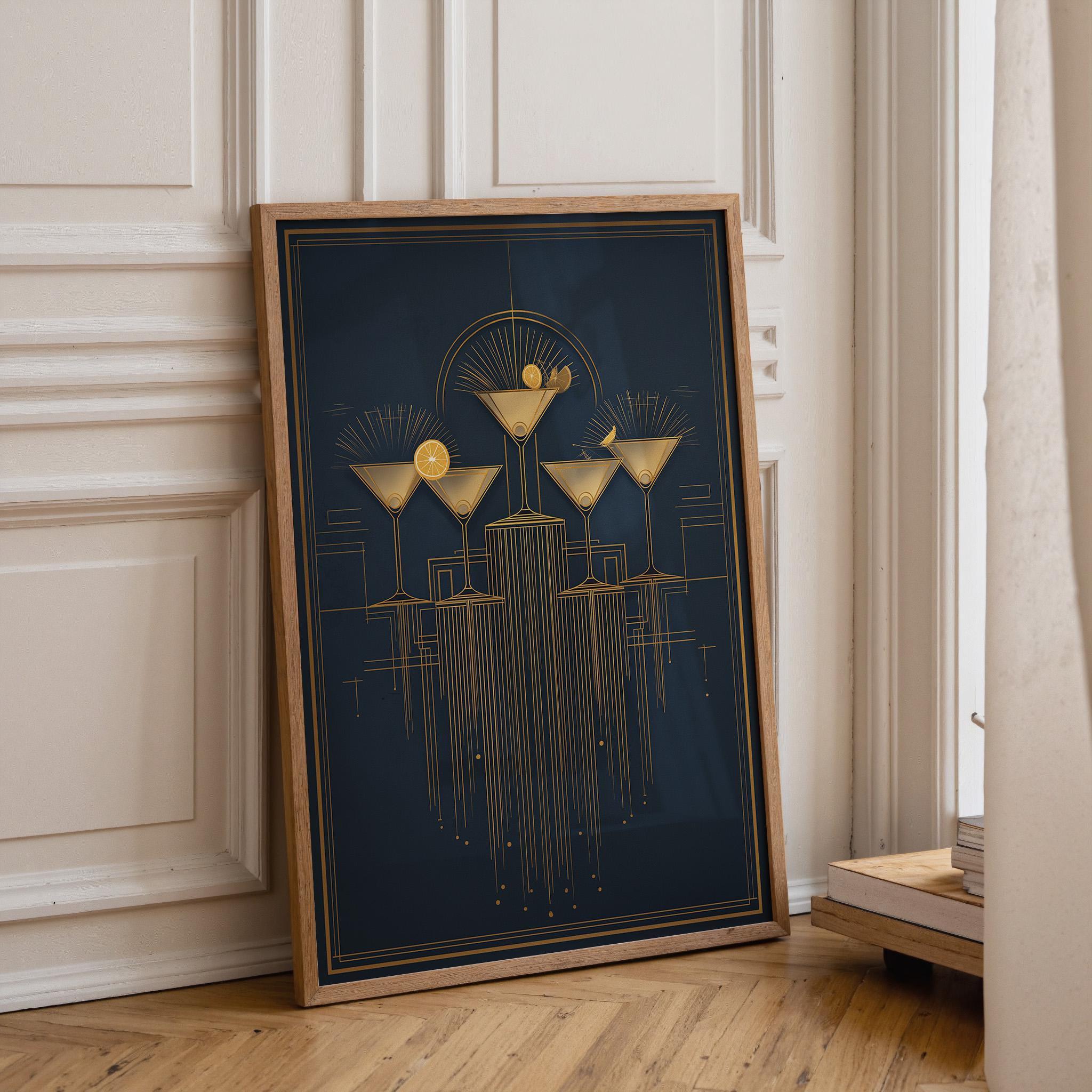 Art Deco Cocktail Wall Art Print, Minimalist Martini Illustration, Blue, Pink and Gold Bar Décor