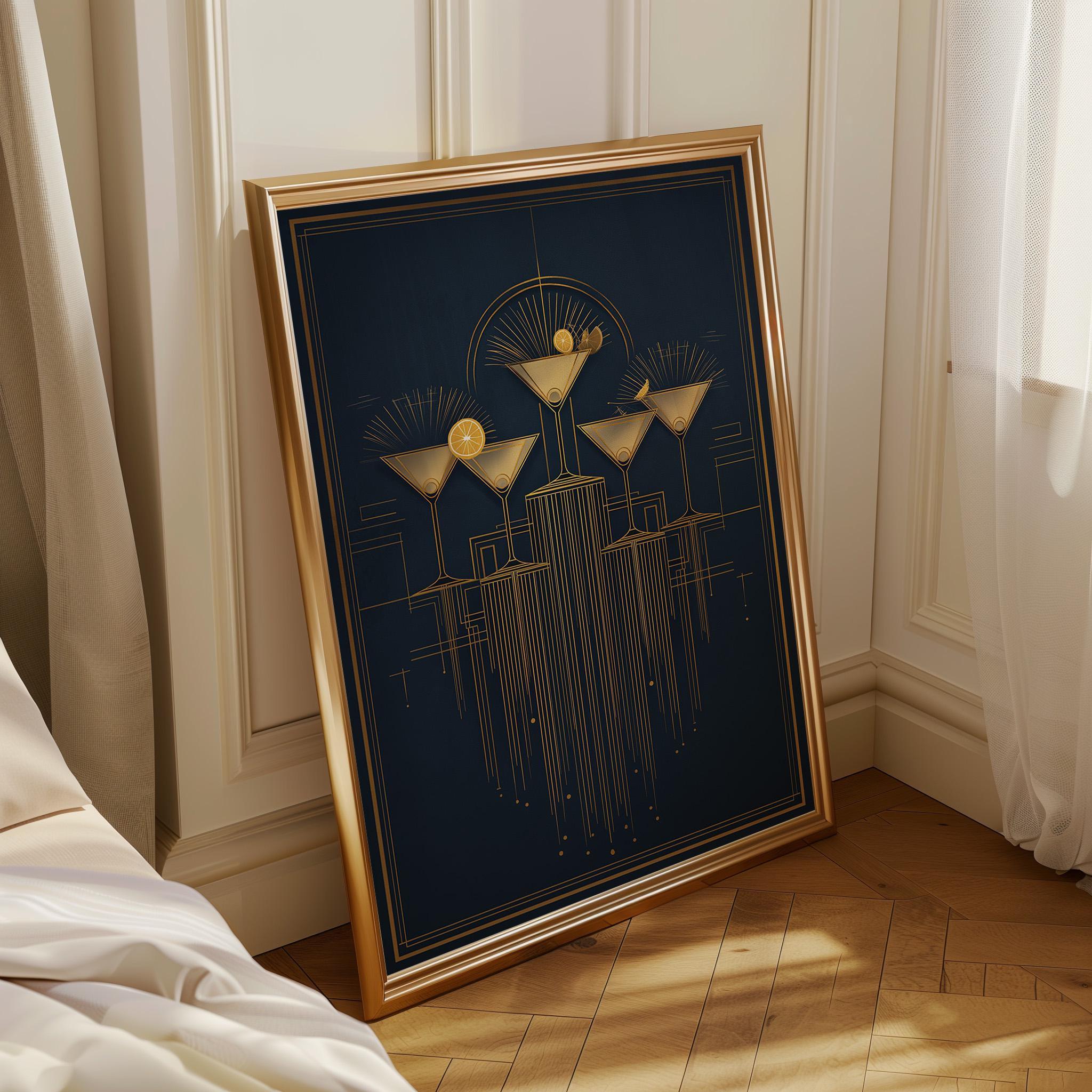Art Deco Cocktail Wall Art Print, Minimalist Martini Illustration, Blue, Pink and Gold Bar Décor