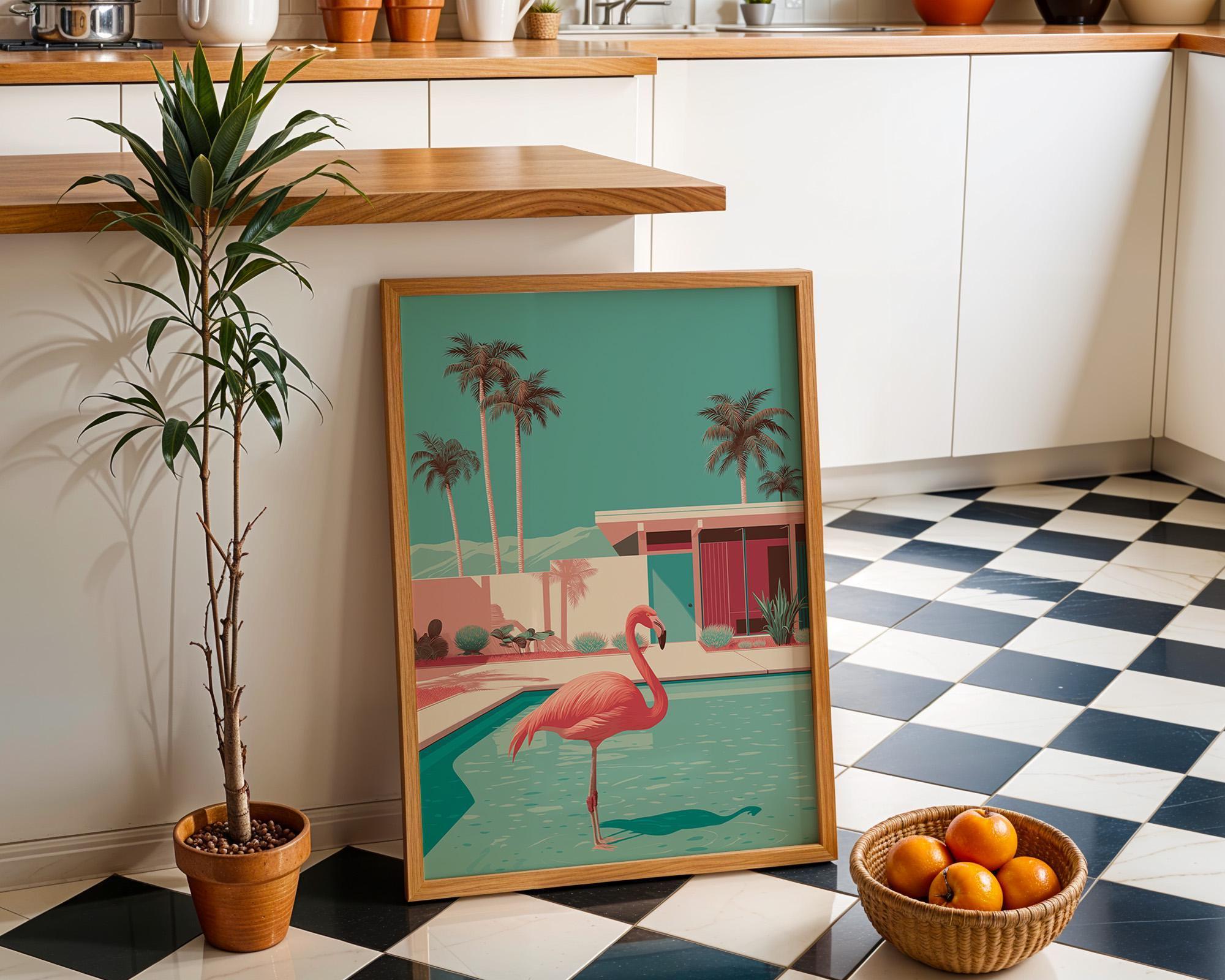 Mid Century Modern Flamingo Pool Desert House Retro Wall Art by The Wall Art Studio - physical