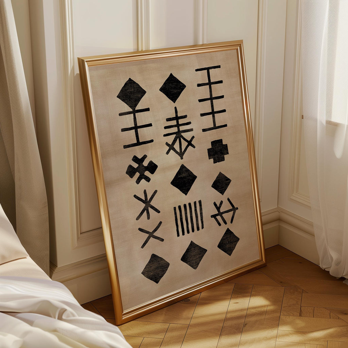 African Mudcloth Tribal Symbol Pattern Boho Neutral Wall Art