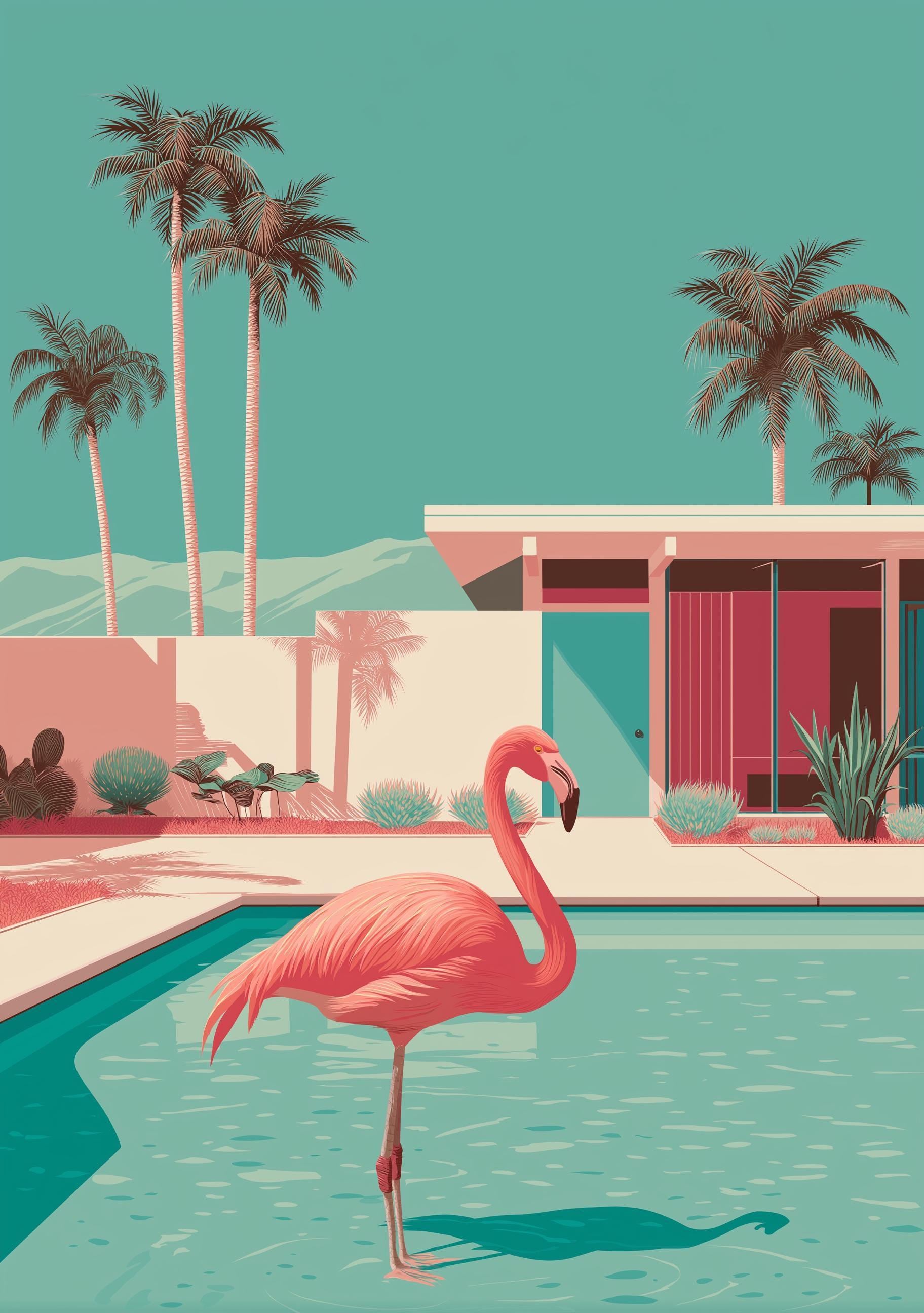 Mid Century Modern Flamingo Pool Desert House Retro Wall Art by The Wall Art Studio - physical
