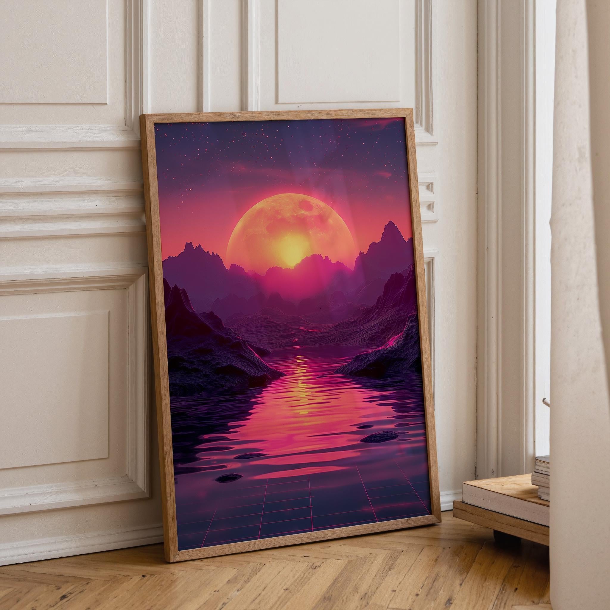 1980s Retro Futuristic Neon Synthwave Chrome Sphere Wall Art by The Wall Art Studio