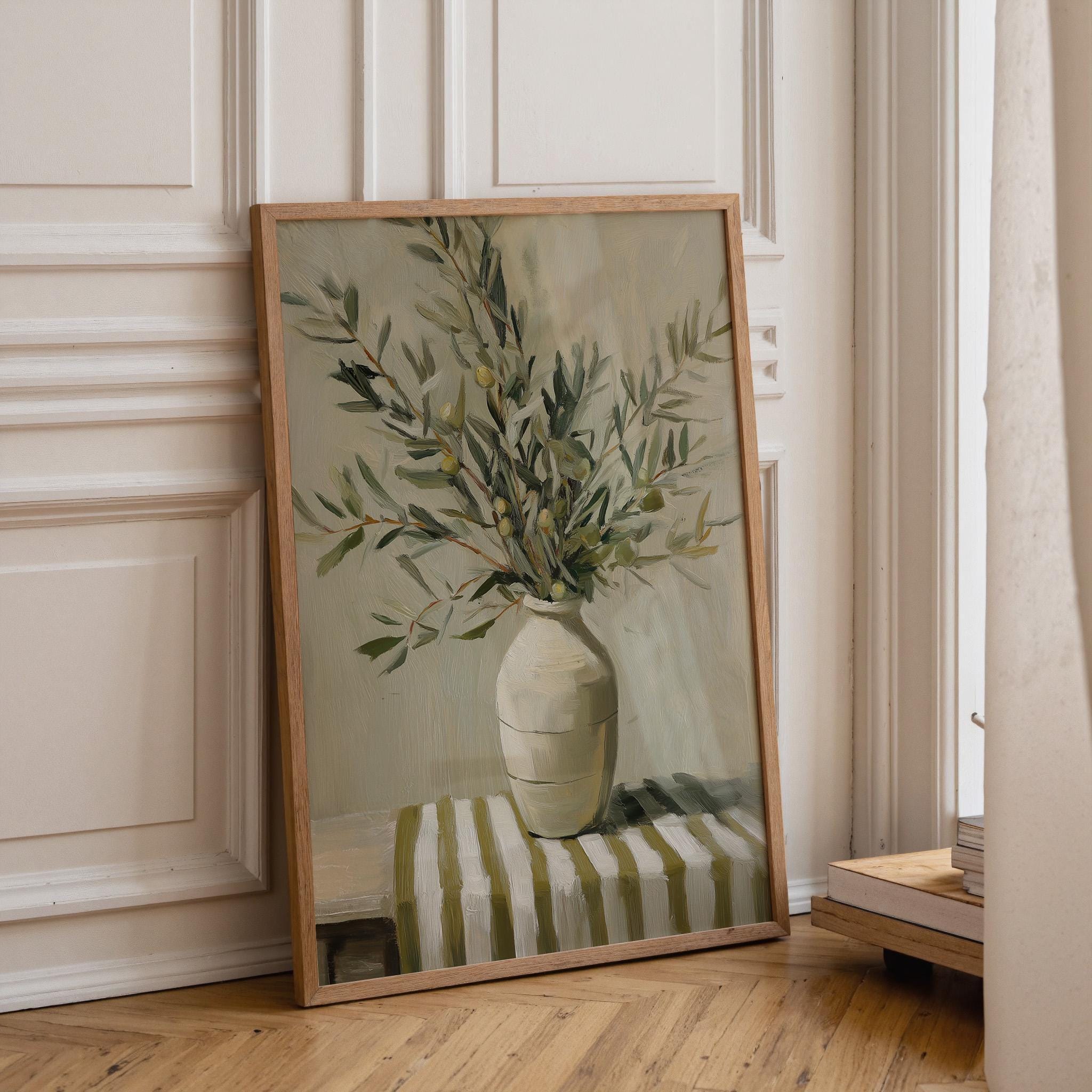 Olive Branch Vase Rustic Mediterranean Neutral Farmhouse Kitchen Wall Art by The Wall Art Studio - physical
