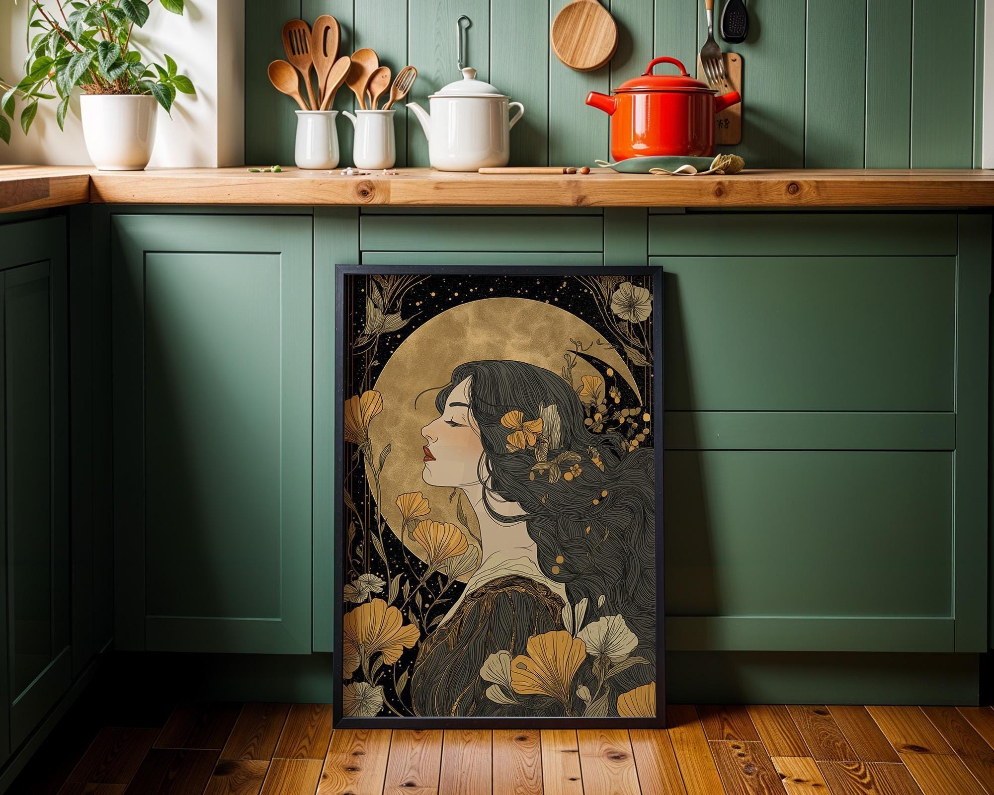 Art Nouveau Woman Portrait Celestial Gold Floral Wall Art by The Wall Art Studio