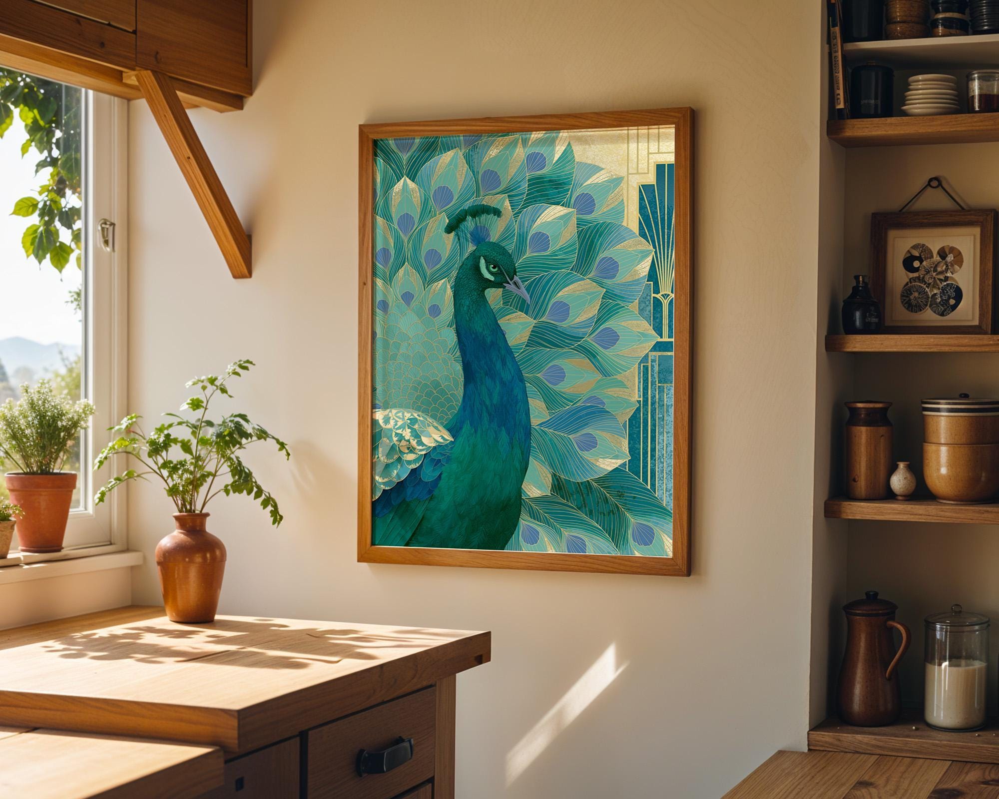 Blue & Green Art Deco Peacock Wall Art by The Wall Art Studio