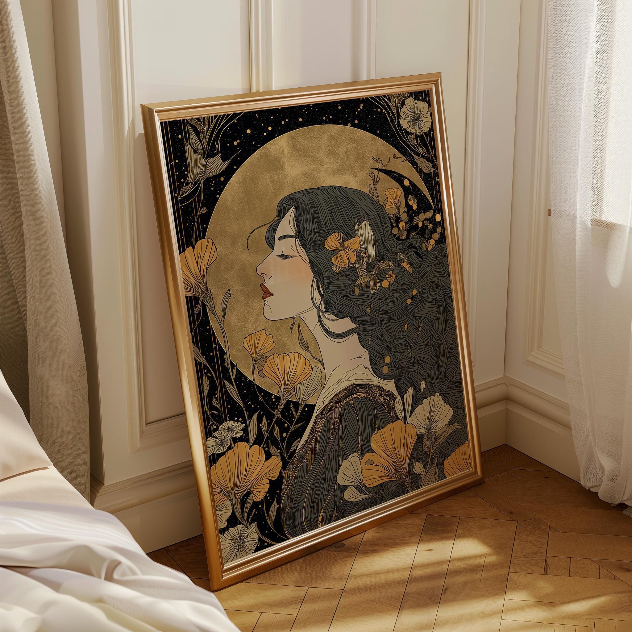 Art Nouveau Woman Portrait Celestial Gold Floral Wall Art by The Wall Art Studio