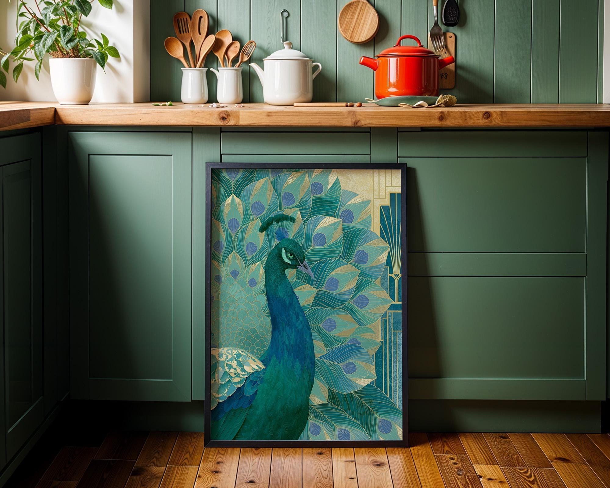 Blue & Green Art Deco Peacock Wall Art by The Wall Art Studio