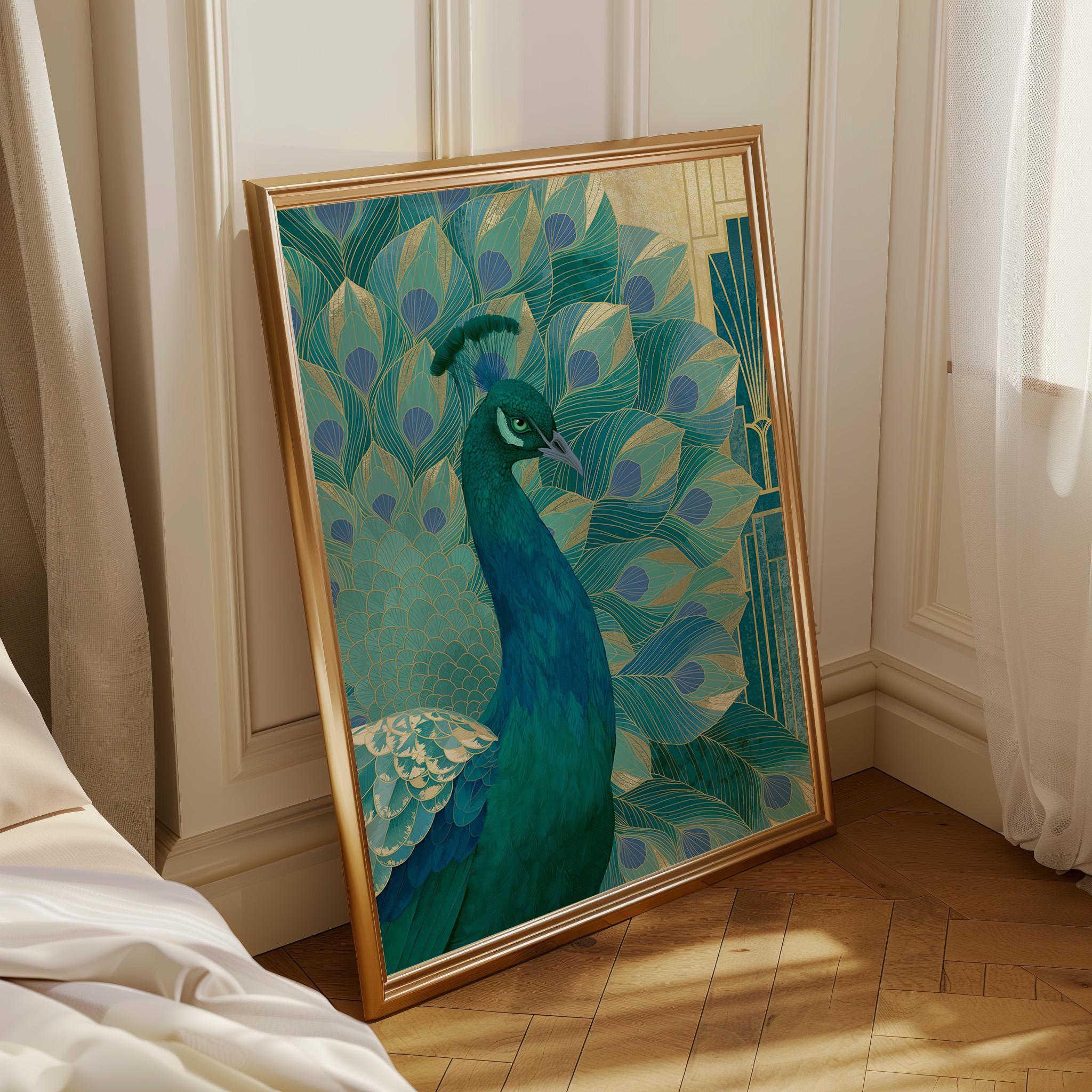 Blue & Green Art Deco Peacock Wall Art by The Wall Art Studio