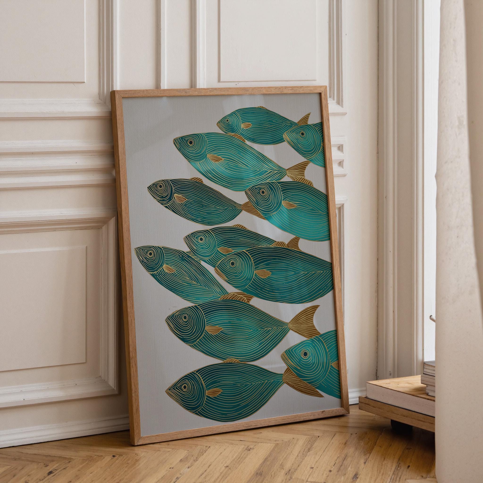 Teal Fish Coastal Nautical Ocean Mid Century Marine Wall Art