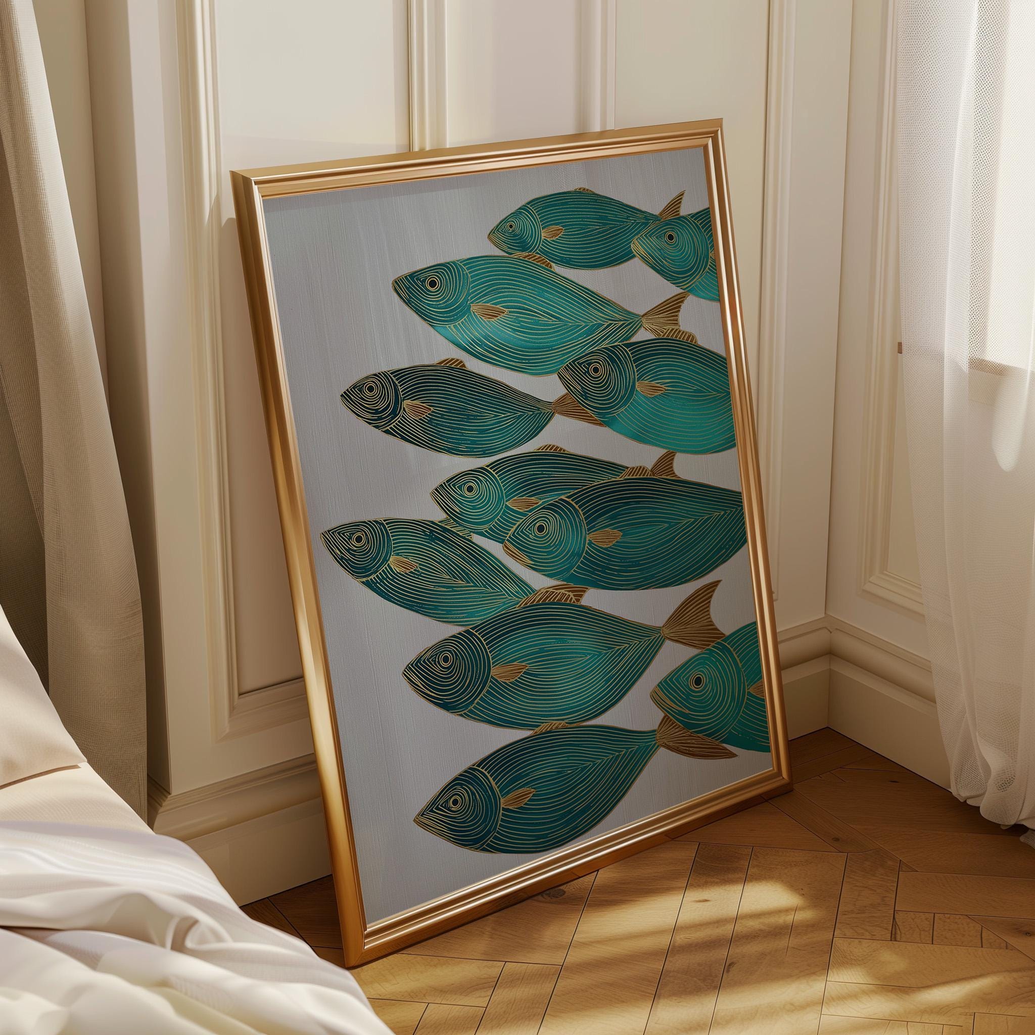 Teal Fish Coastal Nautical Ocean Mid Century Marine Wall Art