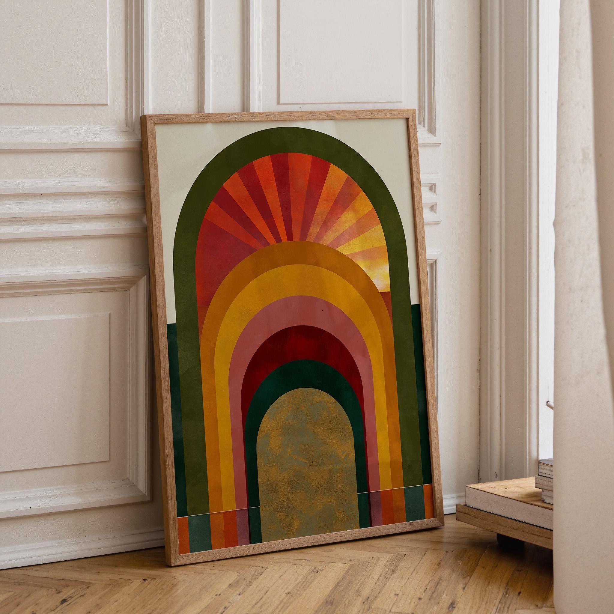 Green, Gold & Orange Art Deco Sunrise Arch Geometric Retro Wall Art by The Wall Art Studio