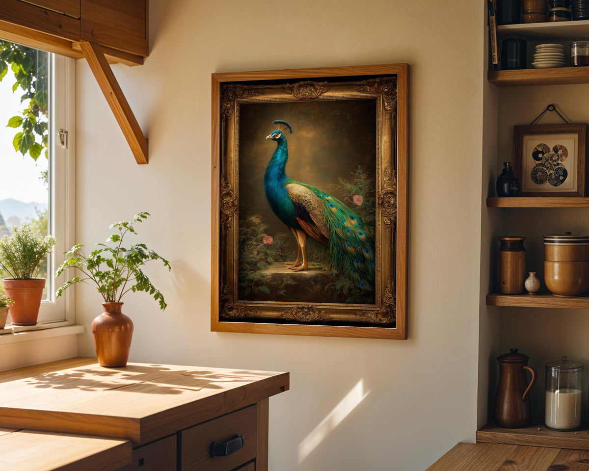 Regal Peacock Vintage Ornate Frame Luxurious Classical Wall Art