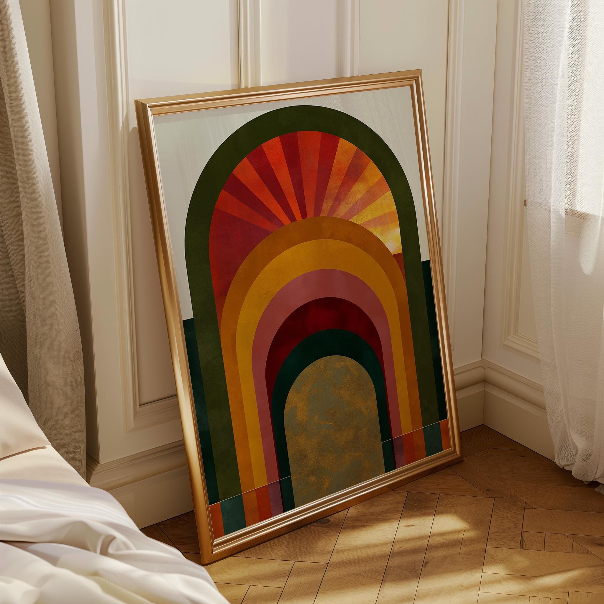 Green, Gold & Orange Art Deco Sunrise Arch Geometric Retro Wall Art by The Wall Art Studio