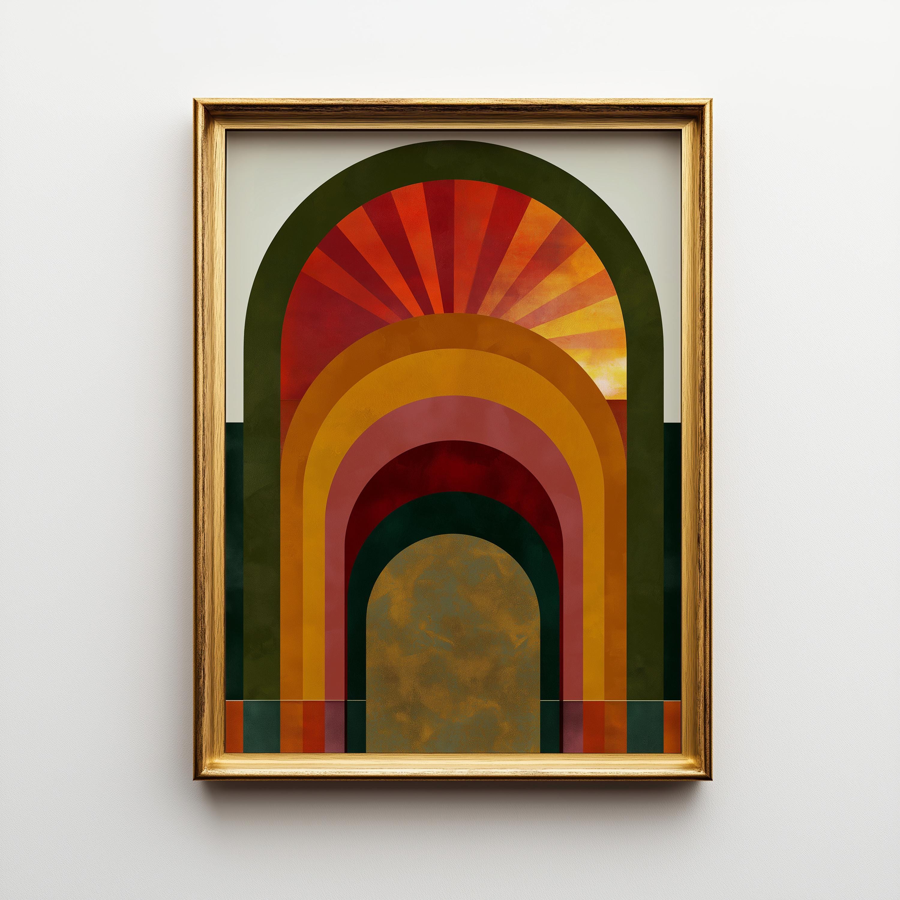 Green, Gold & Orange Art Deco Sunrise Arch Geometric Retro Wall Art by The Wall Art Studio
