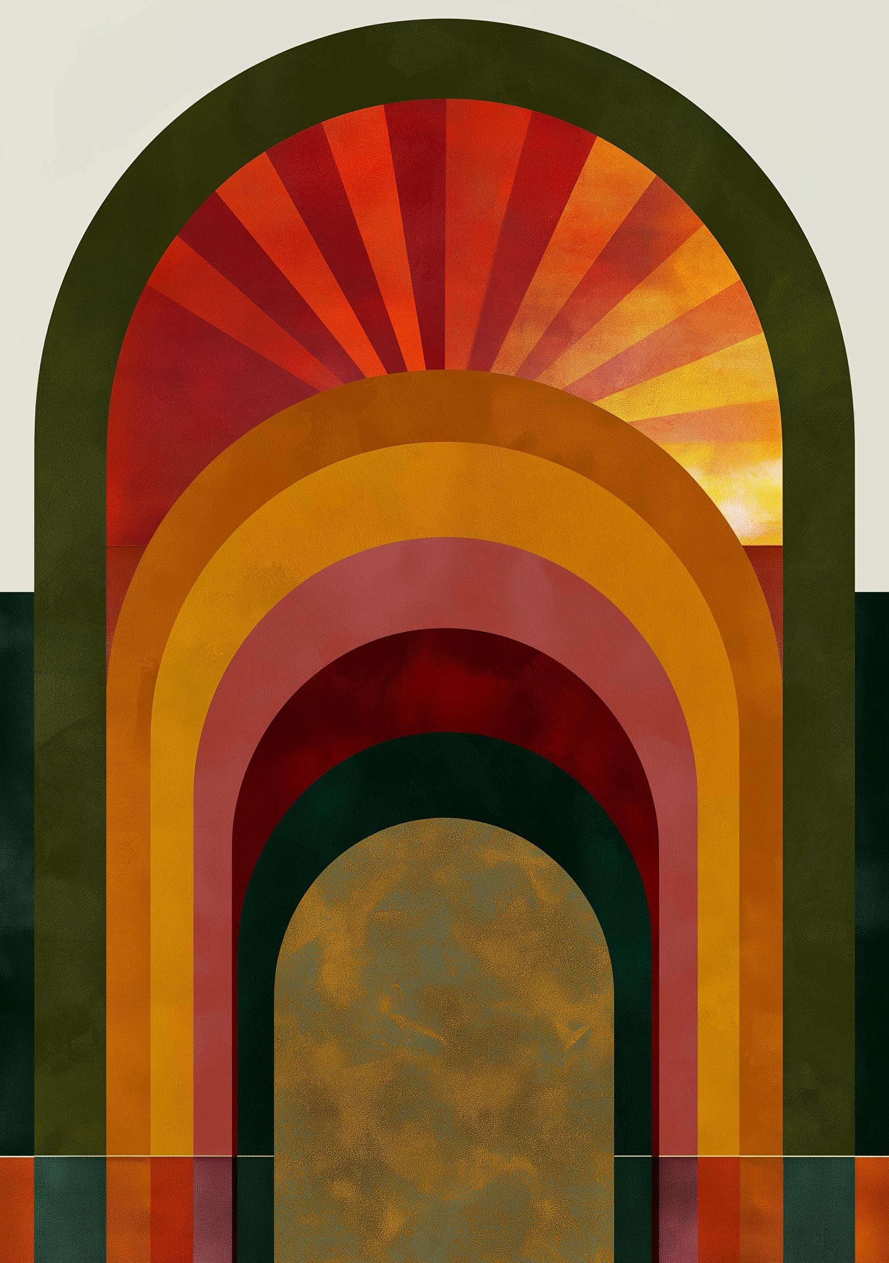 Green, Gold & Orange Art Deco Sunrise Arch Geometric Retro Wall Art by The Wall Art Studio