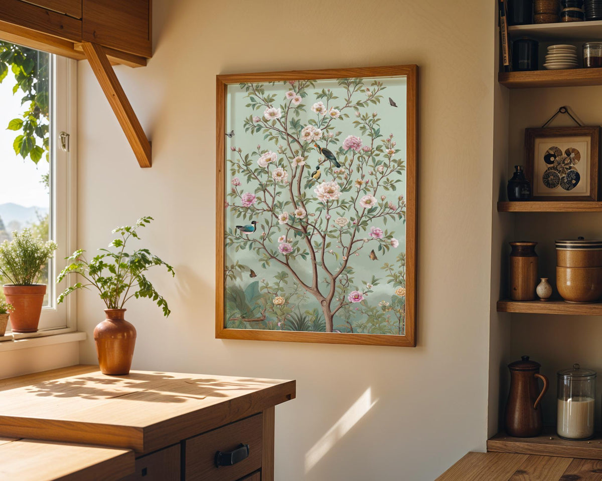 Chinoiserie Garden Vintage Bird & Butterfly Botanical Floral Wall Art by The Wall Art Studio - physical