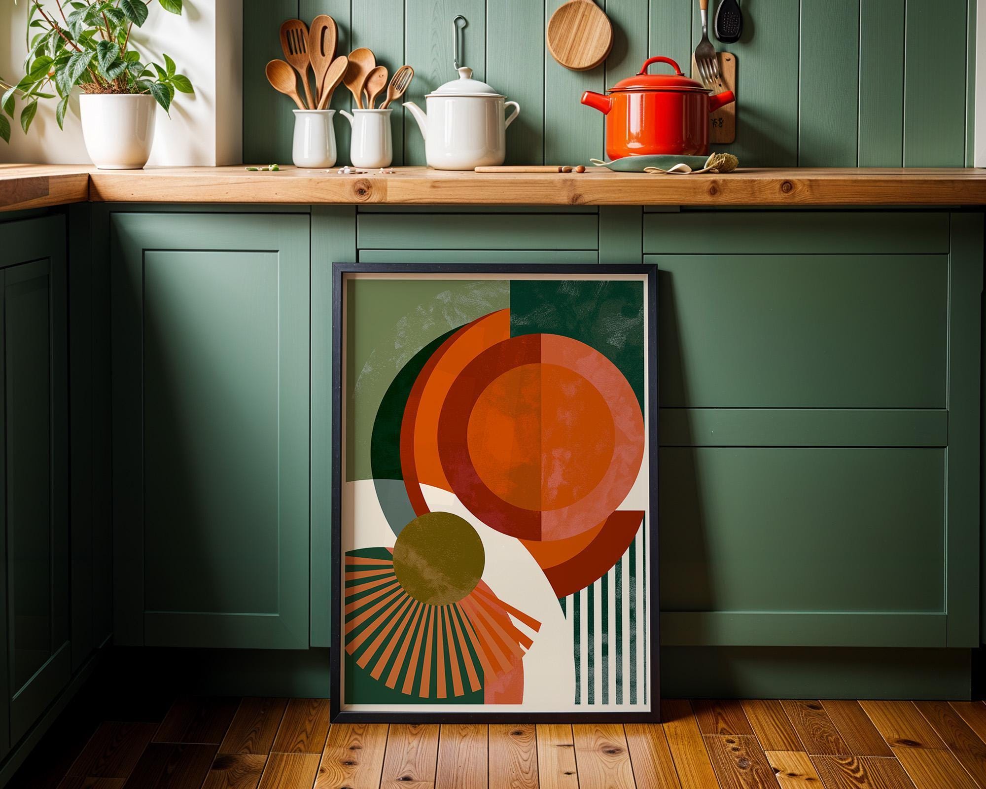 Retro Orange Green Mid Century Neo Deco Geometric Wall Art by The Wall Art Studio