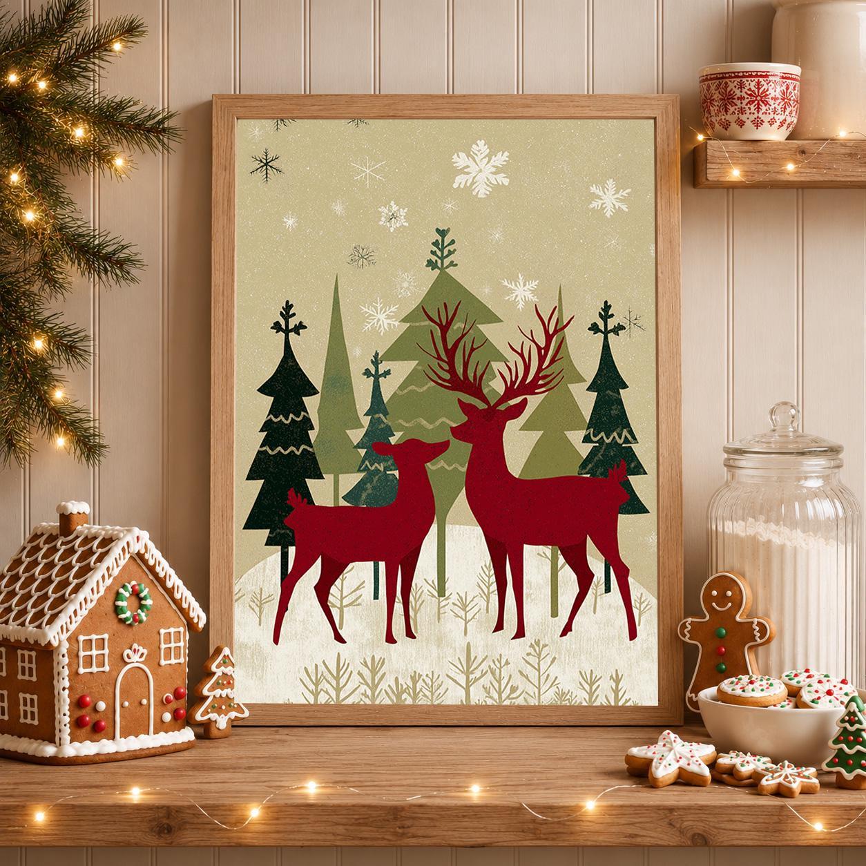 Scandinavian Christmas Nordic Reindeer Family Wall Art by The Wall Art Studio