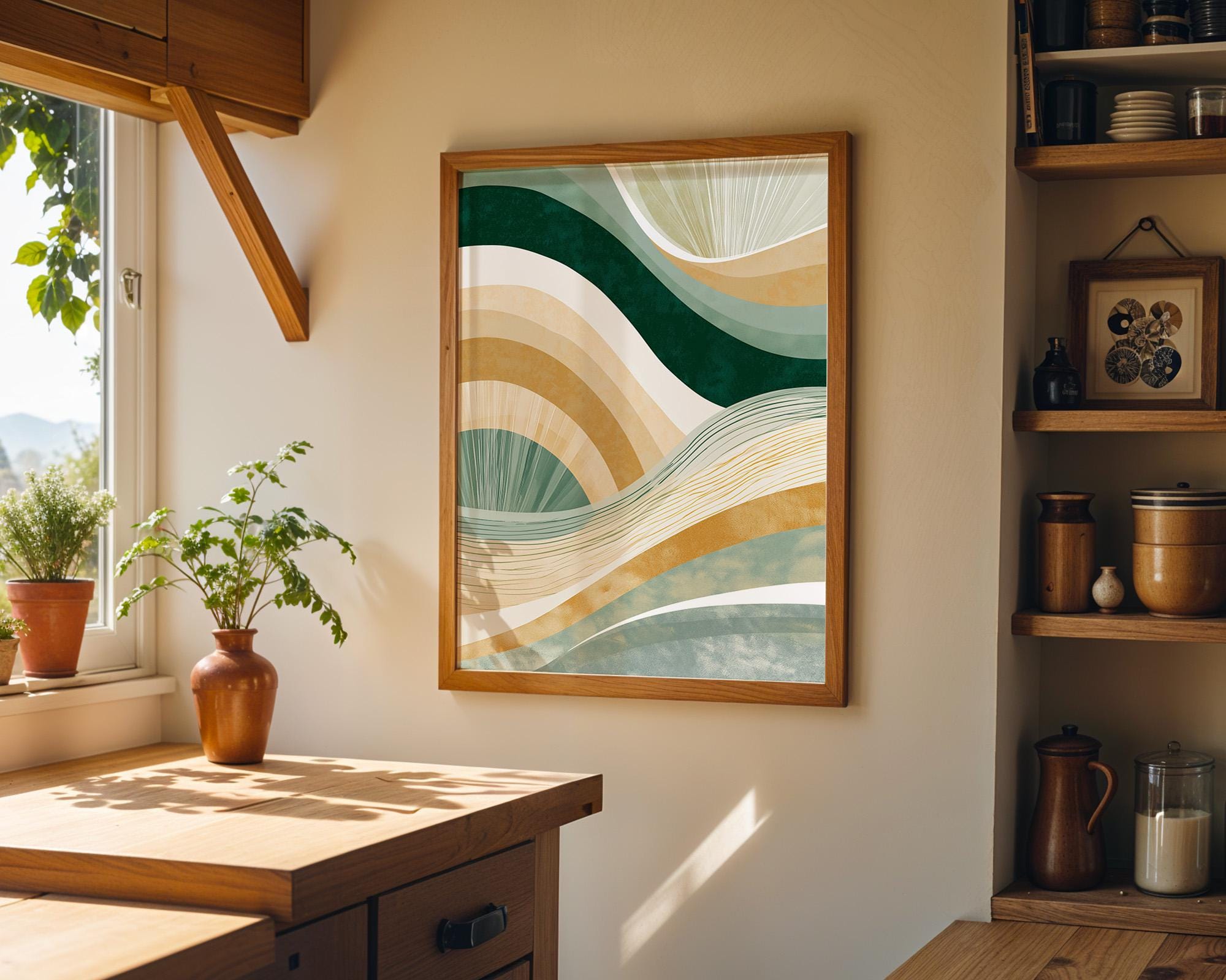 Green & Gold Minimalist Neo Deco Abstract Wave Wall Art by The Wall Art Studio