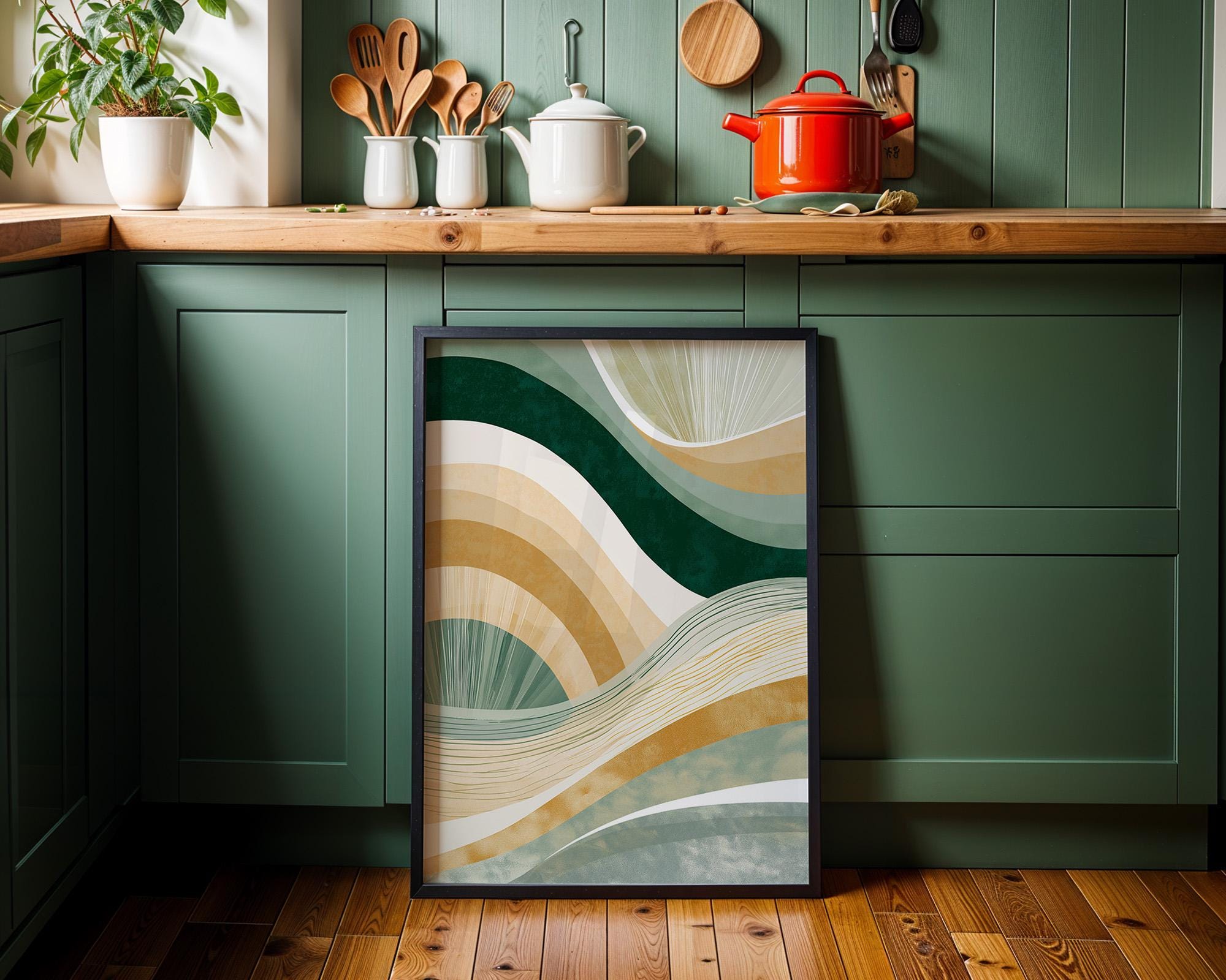 Green & Gold Minimalist Neo Deco Abstract Wave Wall Art by The Wall Art Studio