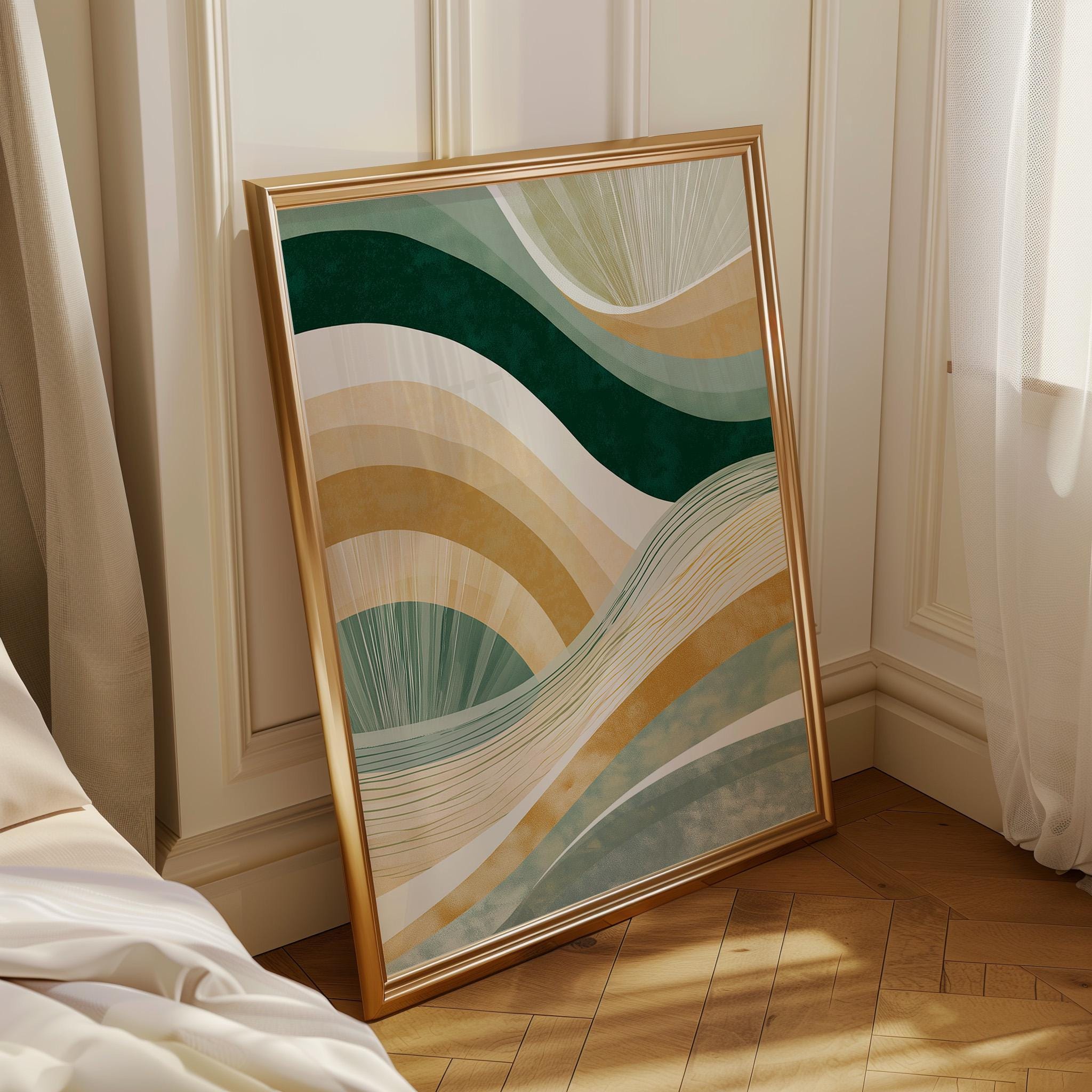 Green & Gold Minimalist Neo Deco Abstract Wave Wall Art by The Wall Art Studio